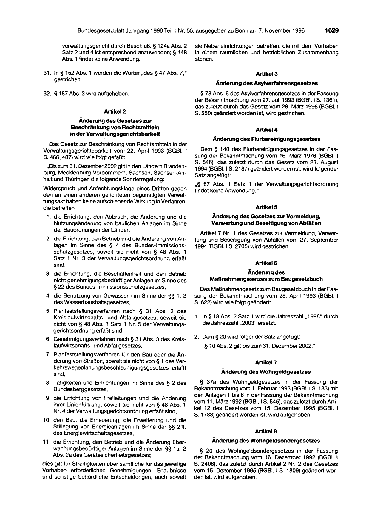 BGBl. 1996, Seite 1629 — Originalseite als Abbildung
