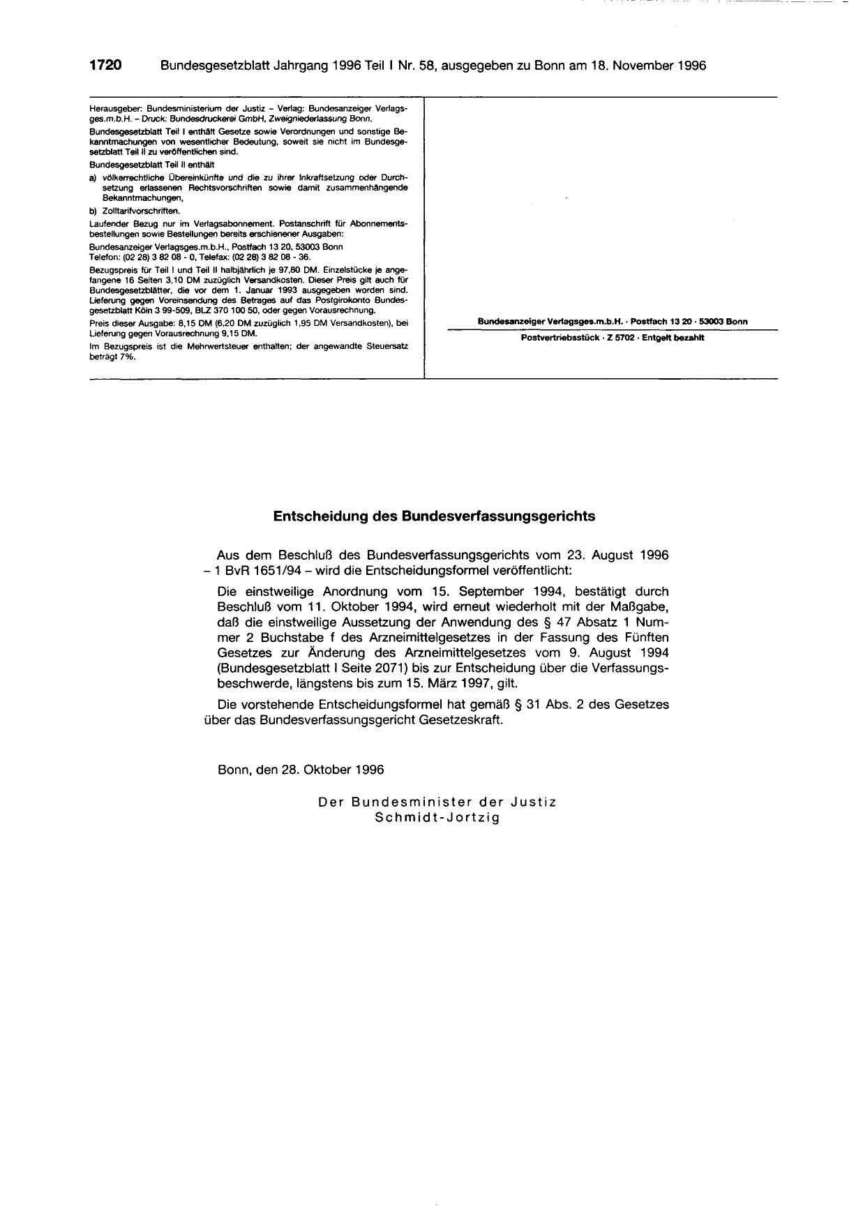BGBl. 1996, Seite 1720 — Originalseite als Abbildung