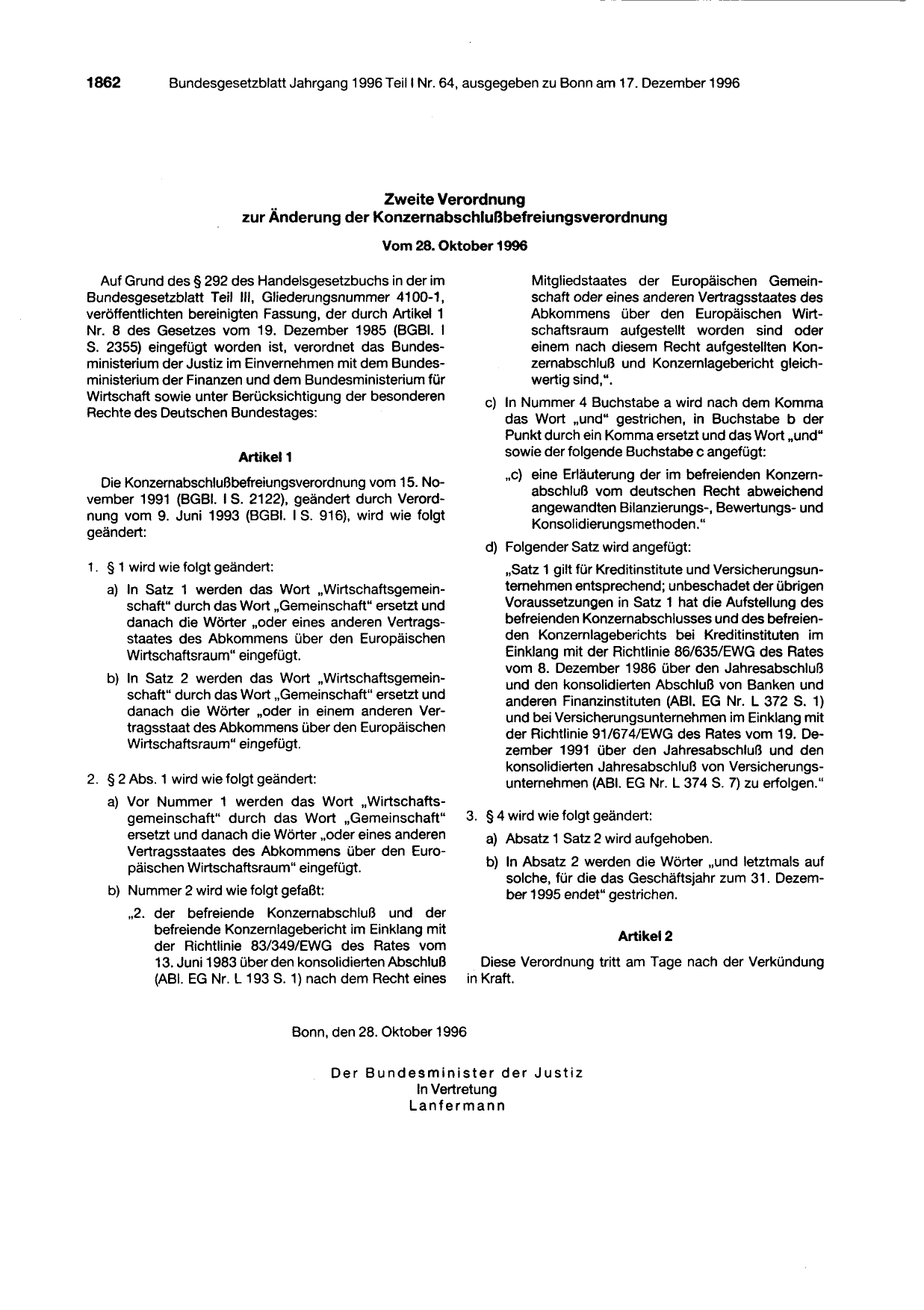 BGBl. 1996, Seite 1862 — Originalseite als Abbildung