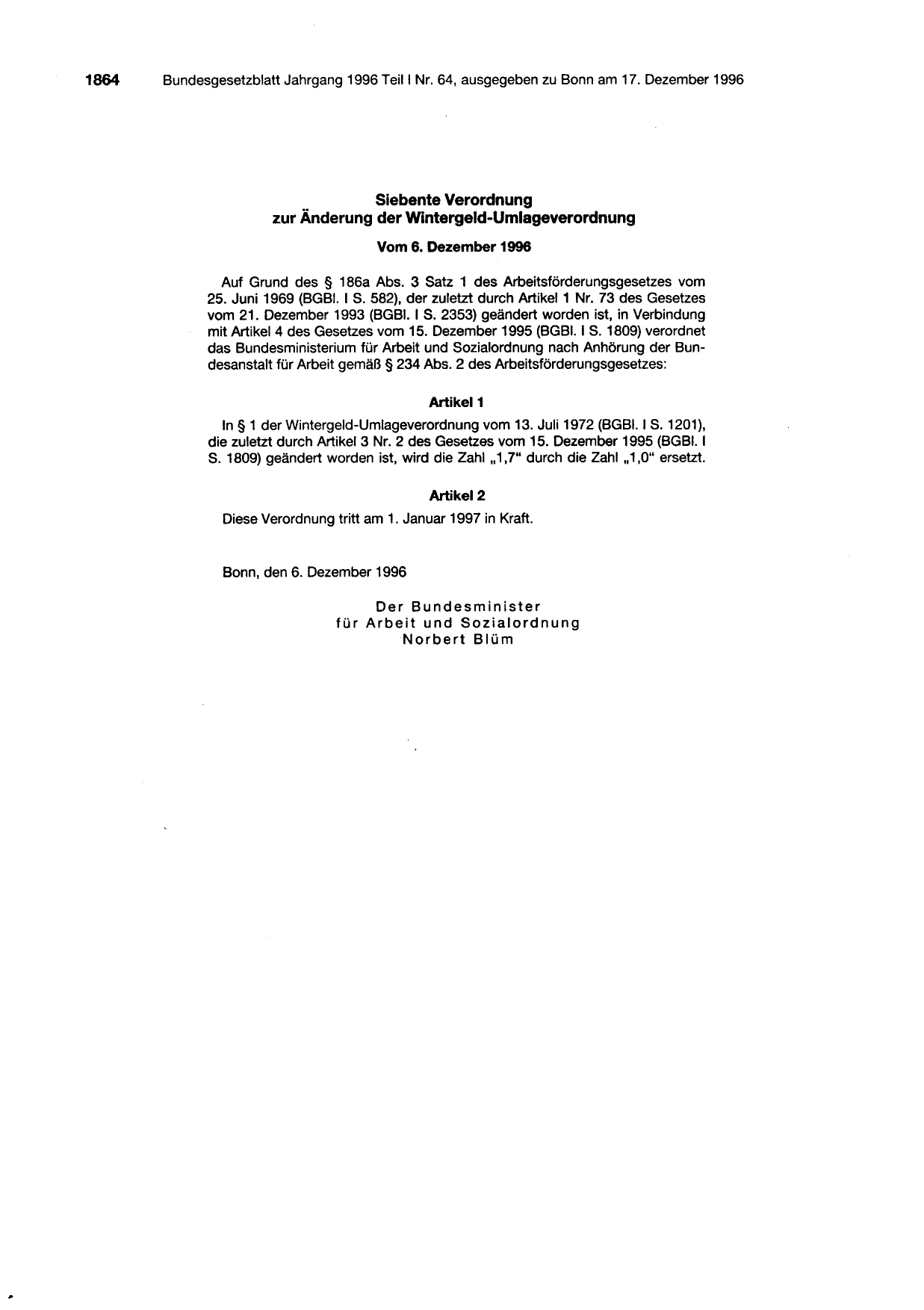BGBl. 1996, Seite 1864 — Originalseite als Abbildung