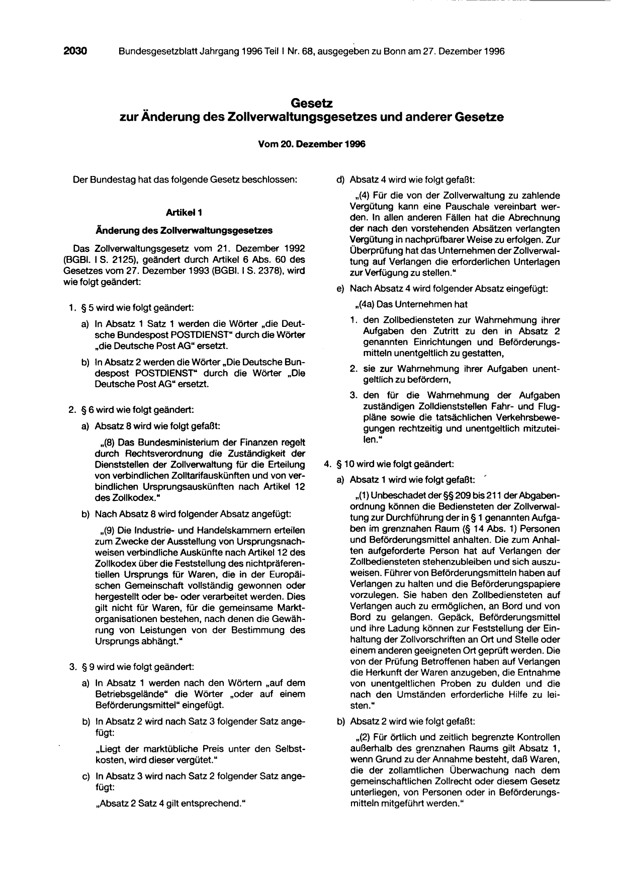 BGBl. 1996, Seite 2030 — Originalseite als Abbildung