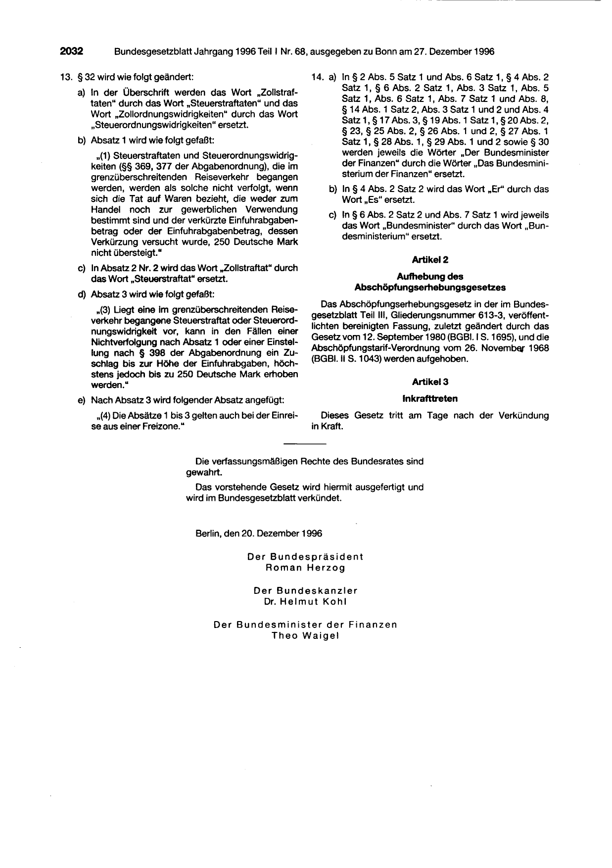 BGBl. 1996, Seite 2032 — Originalseite als Abbildung