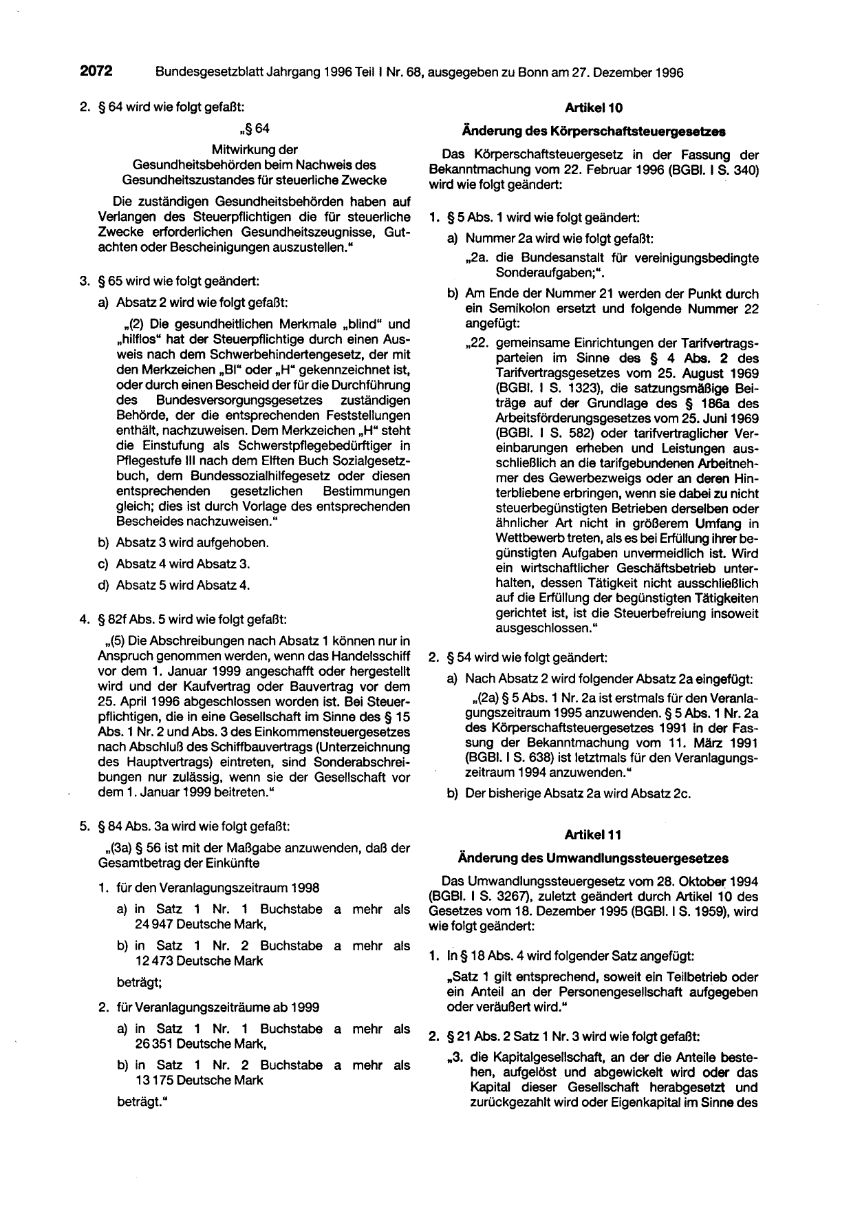 BGBl. 1996, Seite 2072 — Originalseite als Abbildung