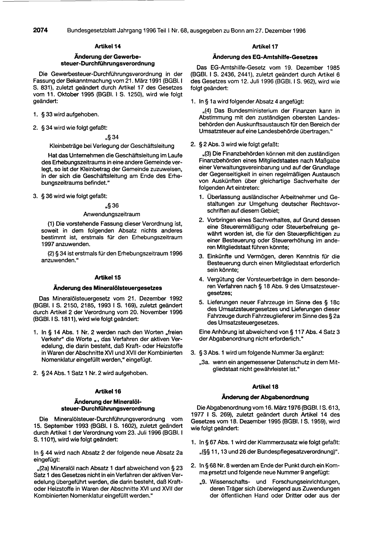 BGBl. 1996, Seite 2074 — Originalseite als Abbildung