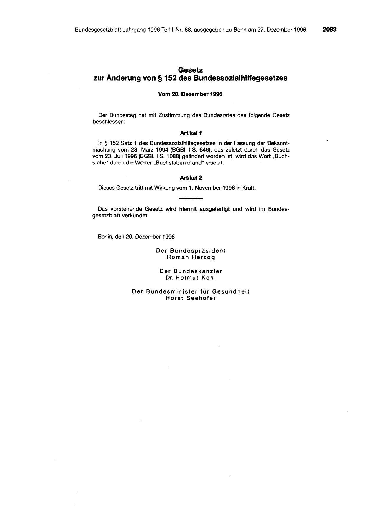 BGBl. 1996, Seite 2083 — Originalseite als Abbildung