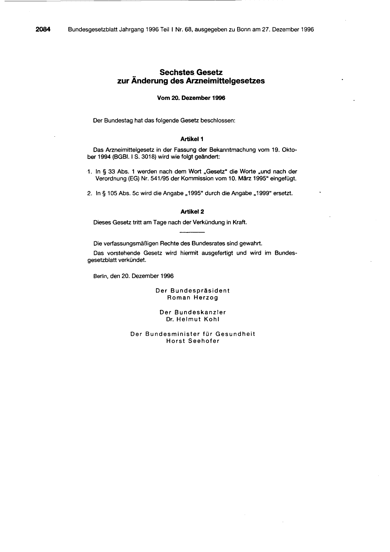 BGBl. 1996, Seite 2084 — Originalseite als Abbildung
