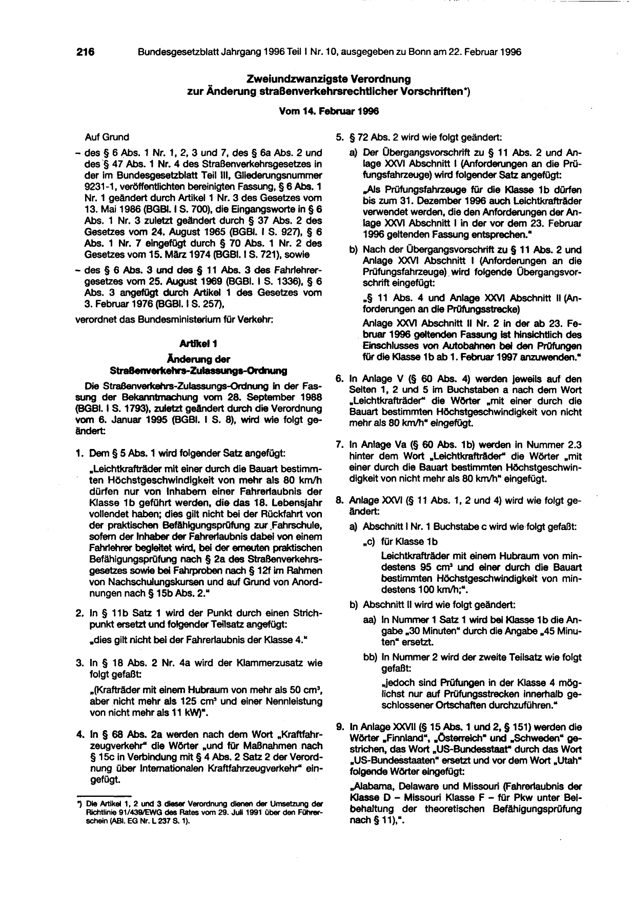 BGBl. 1996, Seite 216 — Originalseite als Abbildung
