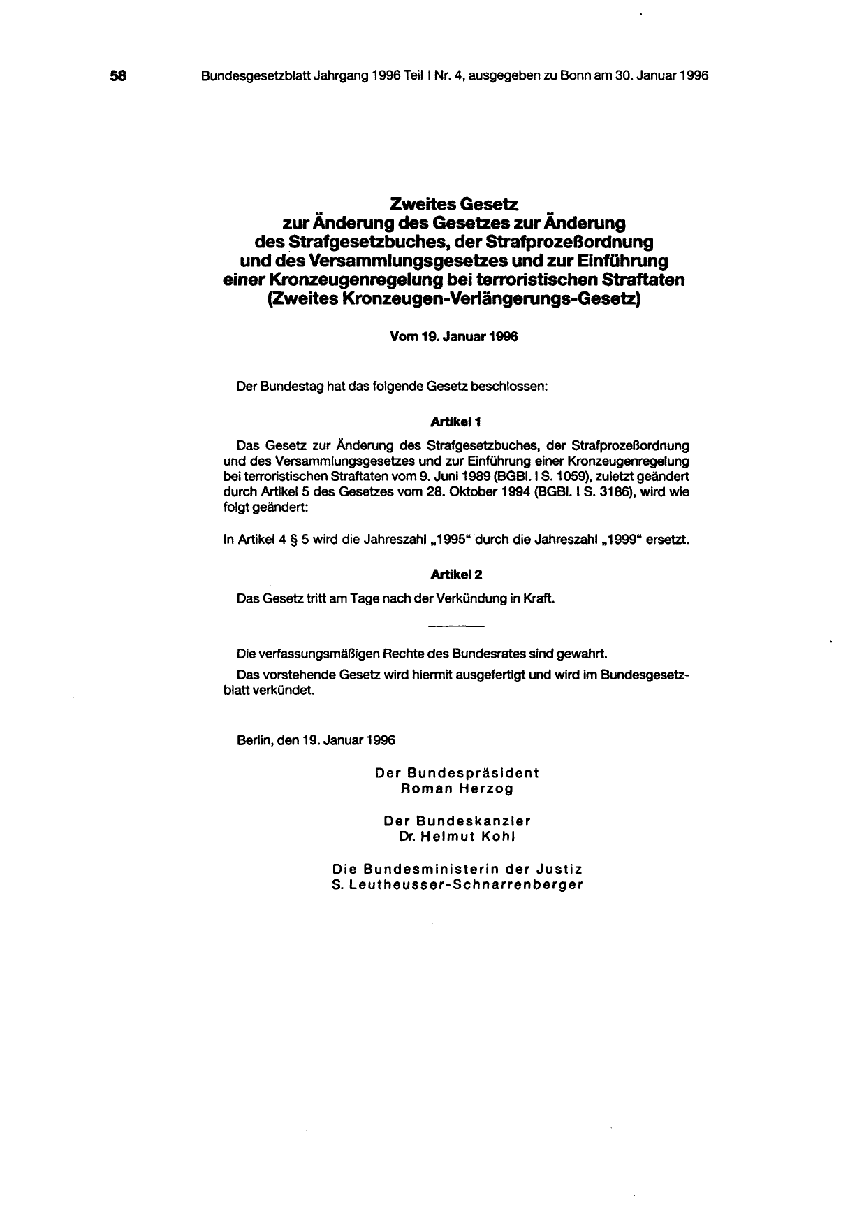 BGBl. 1996, Seite 58 — Originalseite als Abbildung