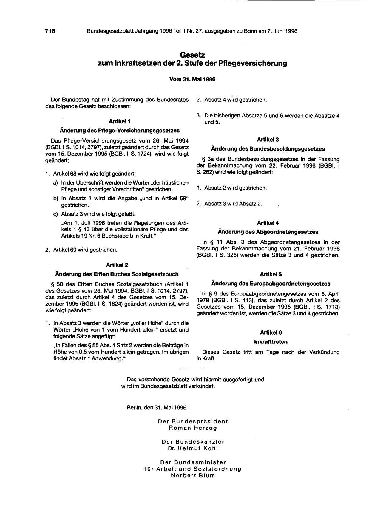 BGBl. 1996, Seite 718 — Originalseite als Abbildung