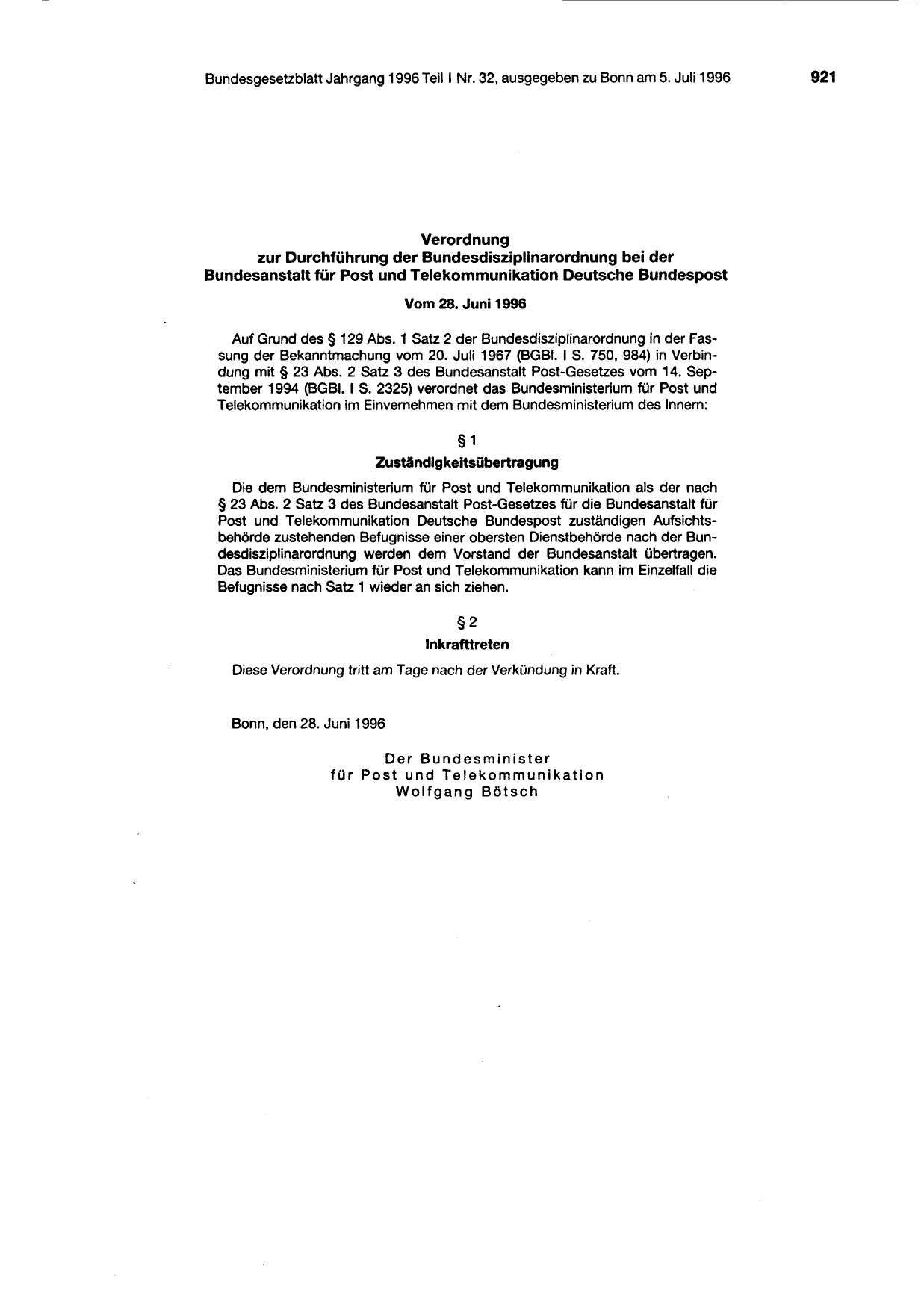 BGBl. 1996, Seite 921 — Originalseite als Abbildung