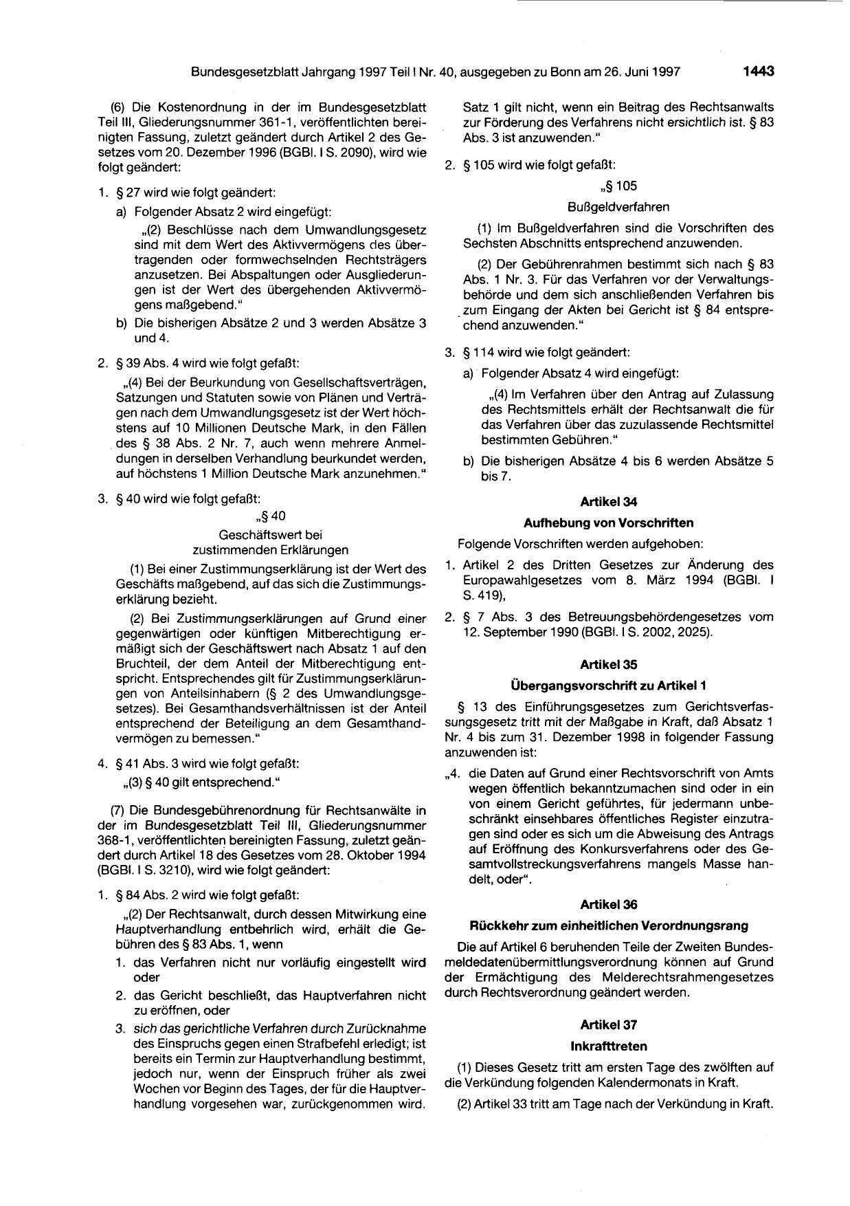 BGBl. 1997, Seite 1443 — Originalseite als Abbildung