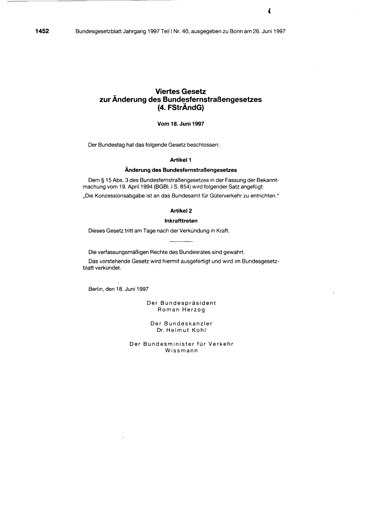 BGBl. 1997, Seite 1452 — Originalseite als Abbildung
