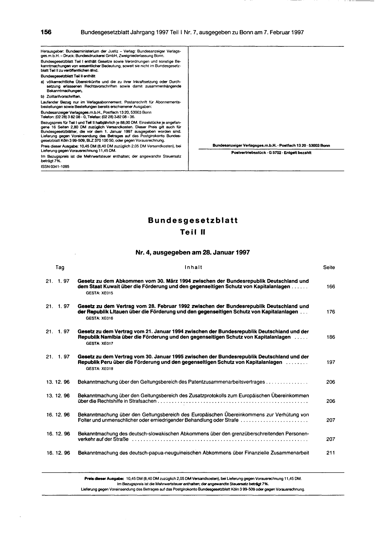 BGBl. 1997, Seite 156 — Originalseite als Abbildung