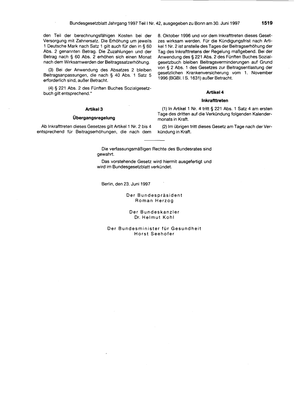 BGBl. 1997, Seite 1519 — Originalseite als Abbildung