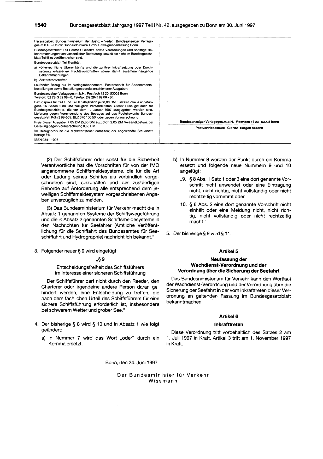 BGBl. 1997, Seite 1540 — Originalseite als Abbildung