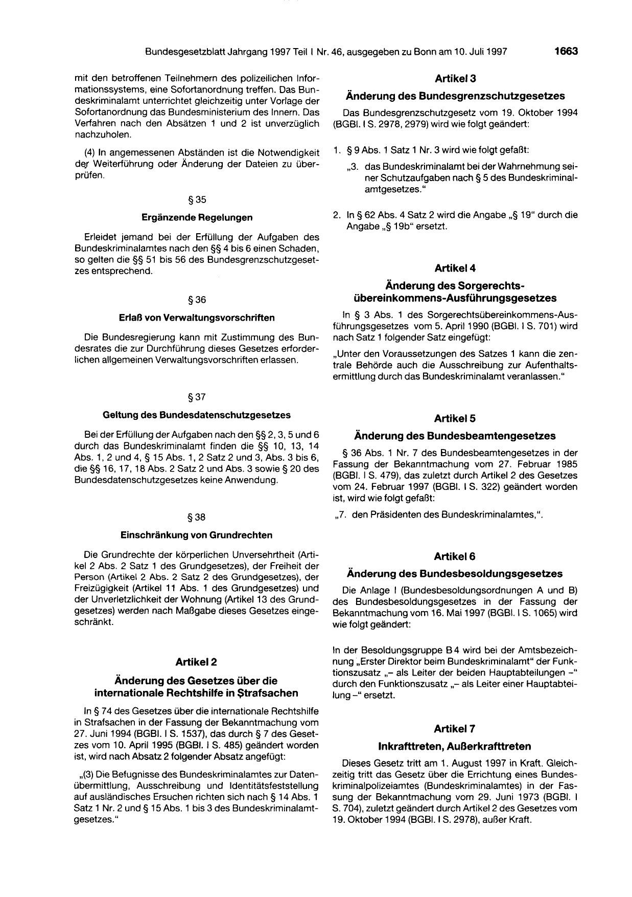 BGBl. 1997, Seite 1663 — Originalseite als Abbildung