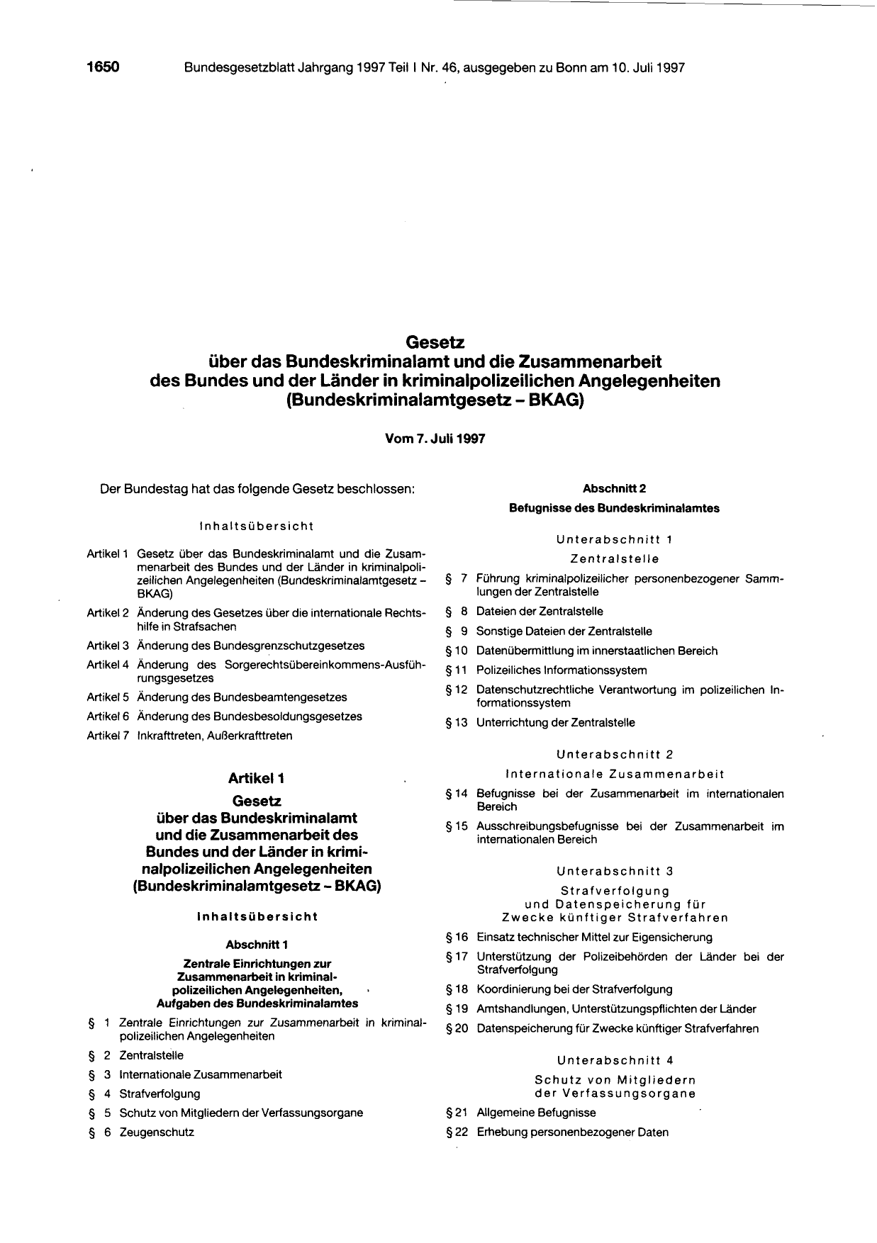 BGBl. 1997, Seite 1650 — Originalseite als Abbildung