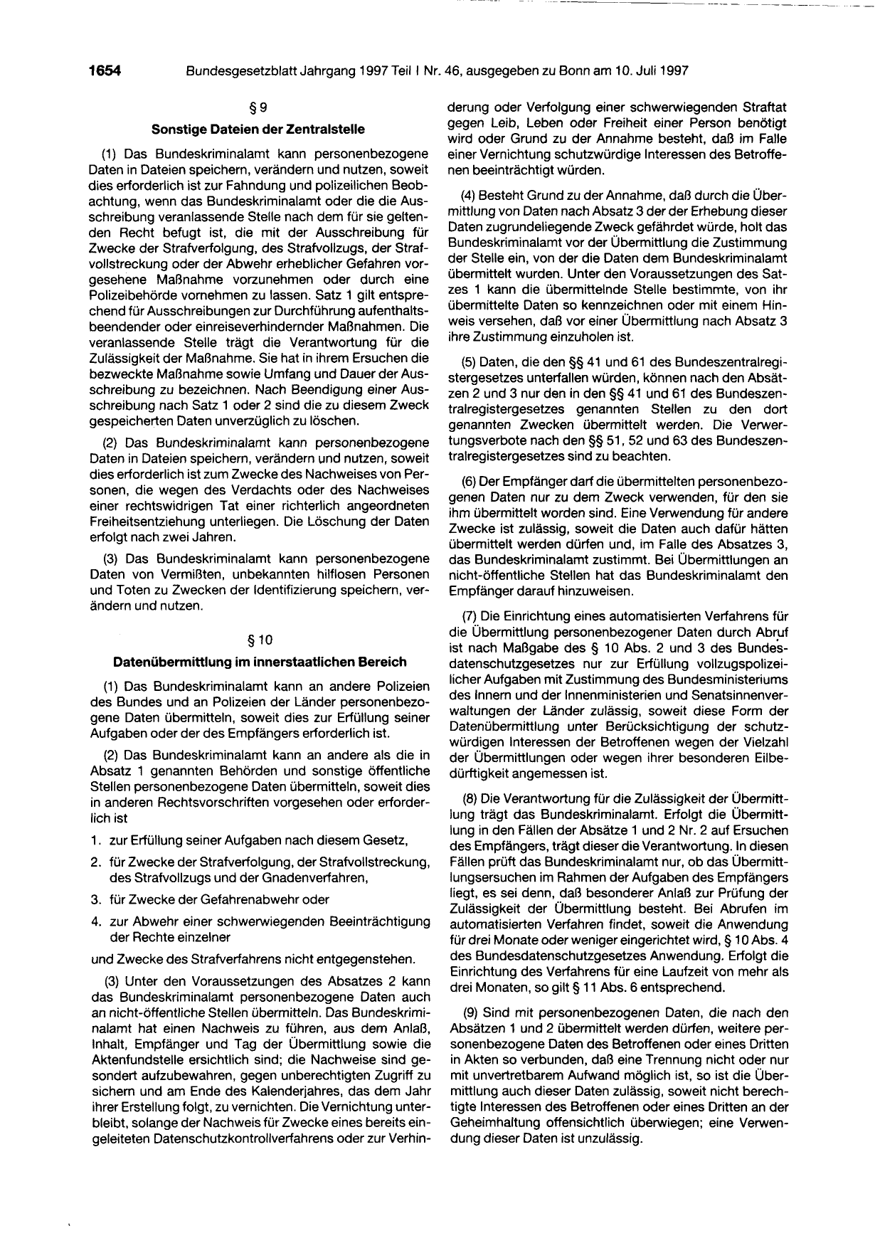 BGBl. 1997, Seite 1654 — Originalseite als Abbildung