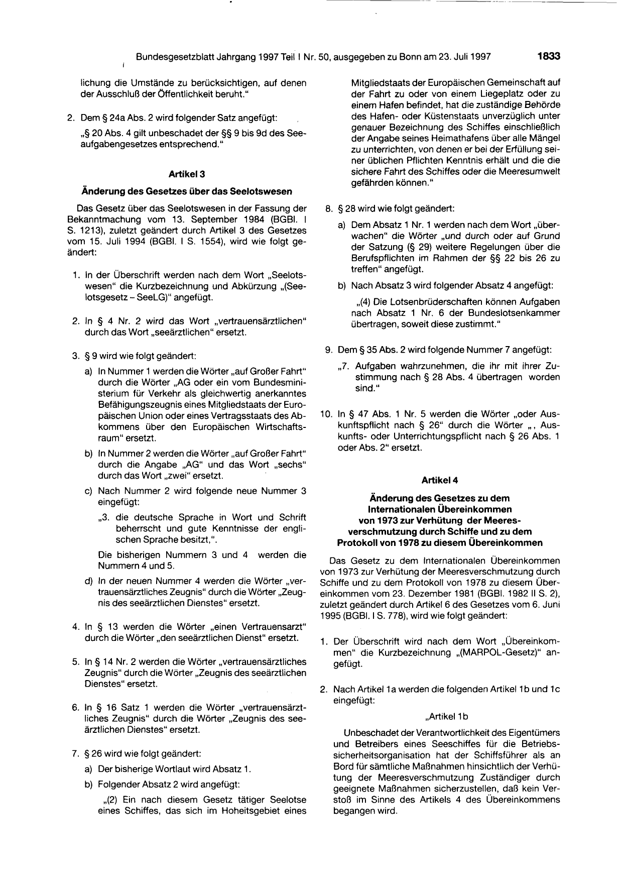 BGBl. 1997, Seite 1833 — Originalseite als Abbildung