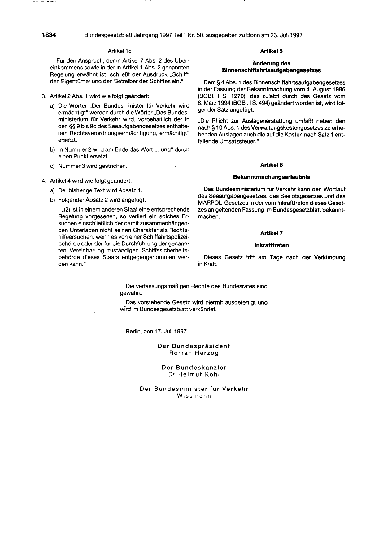 BGBl. 1997, Seite 1834 — Originalseite als Abbildung