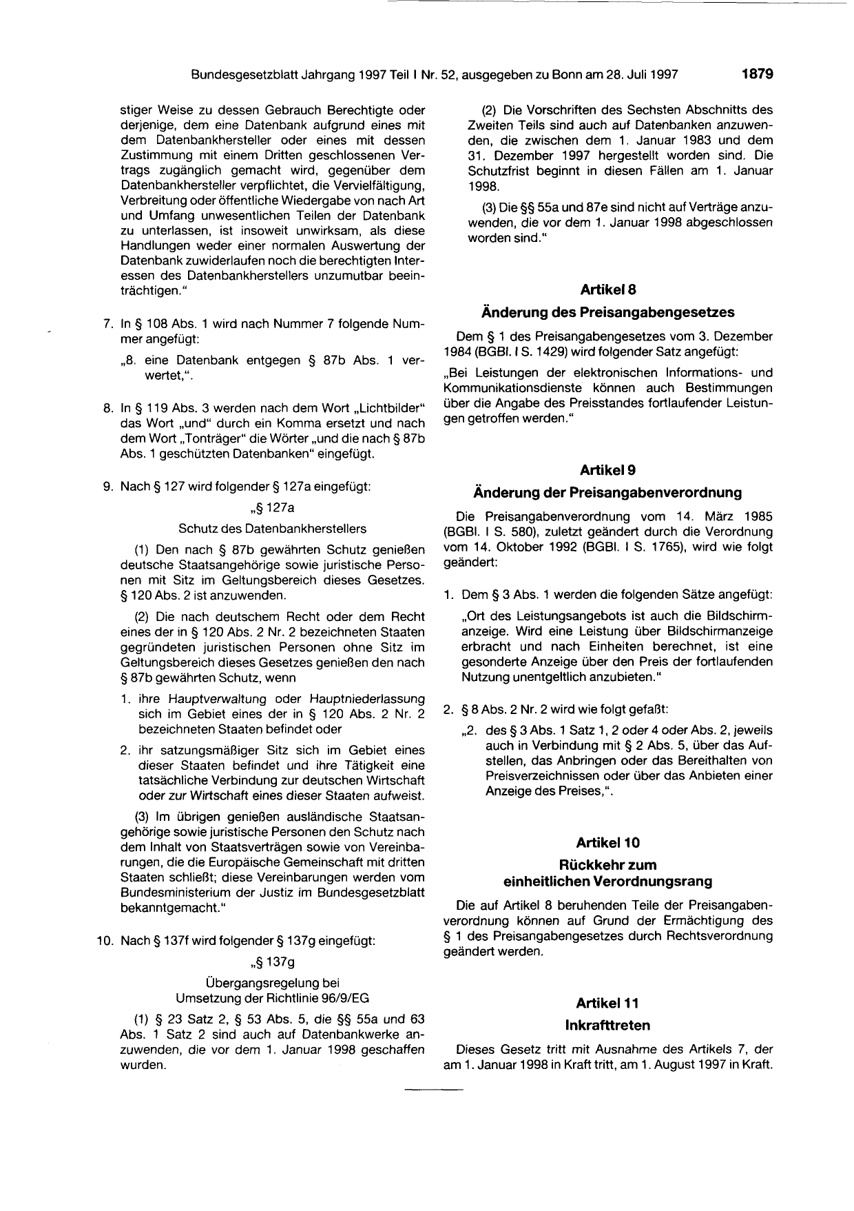 BGBl. 1997, Seite 1879 — Originalseite als Abbildung