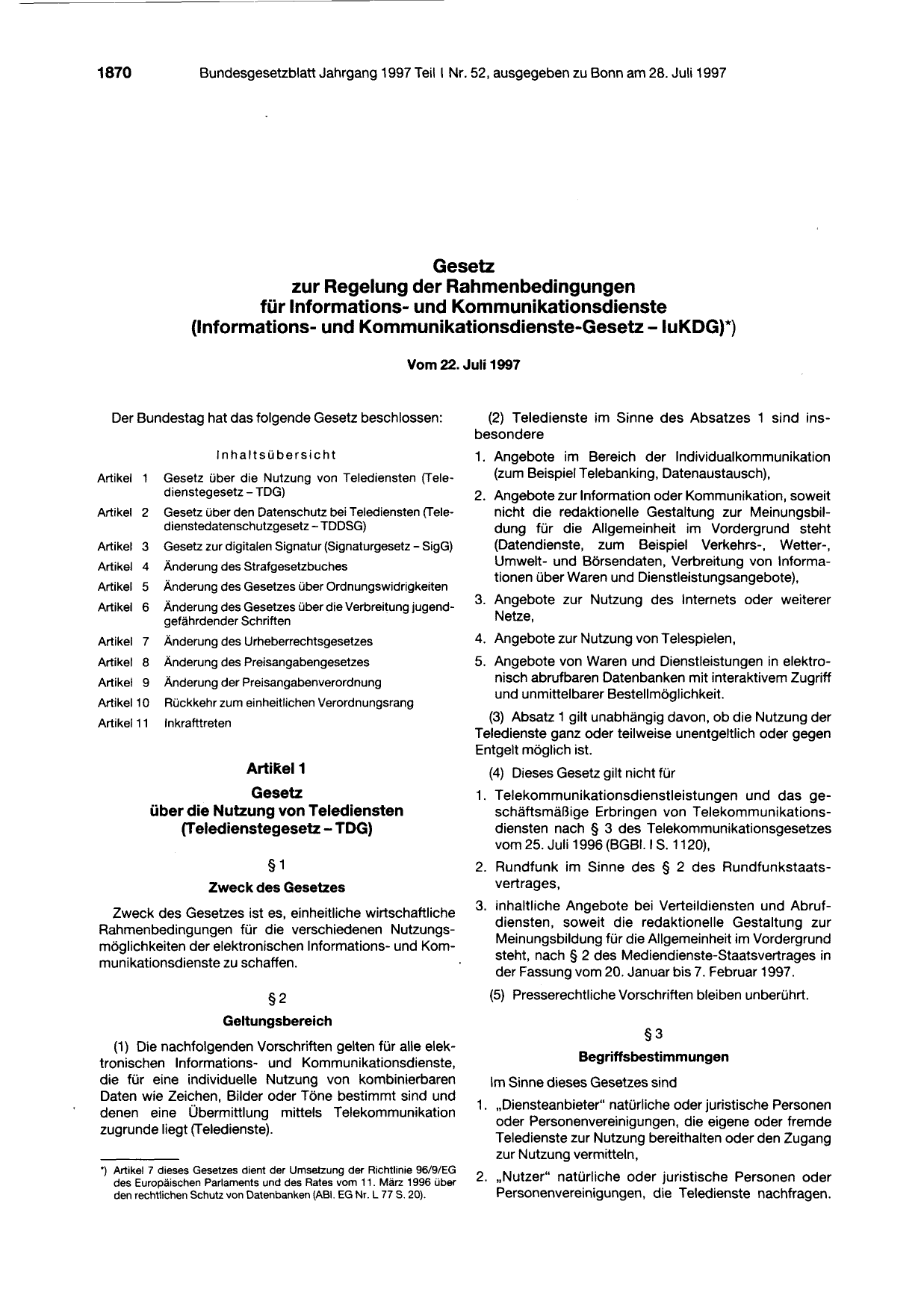 BGBl. 1997, Seite 1870 — Originalseite als Abbildung