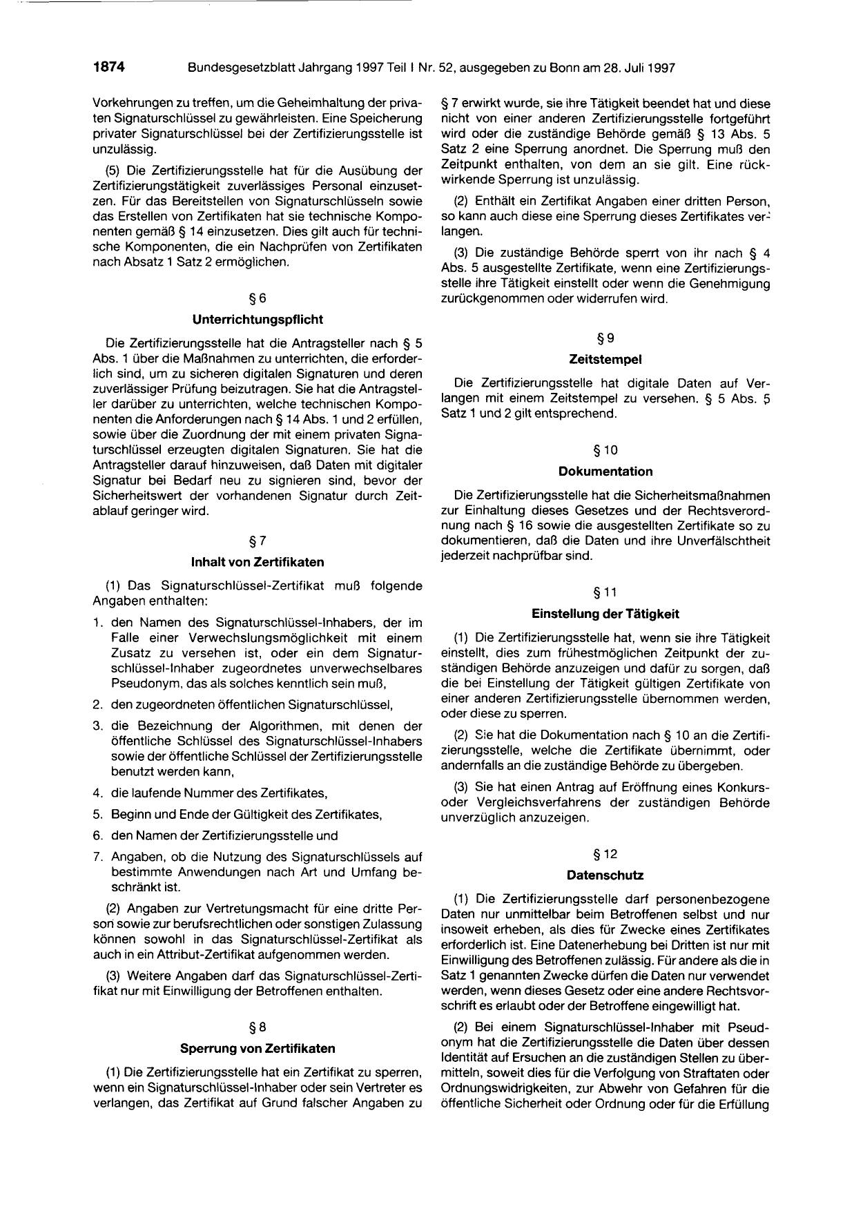 BGBl. 1997, Seite 1874 — Originalseite als Abbildung