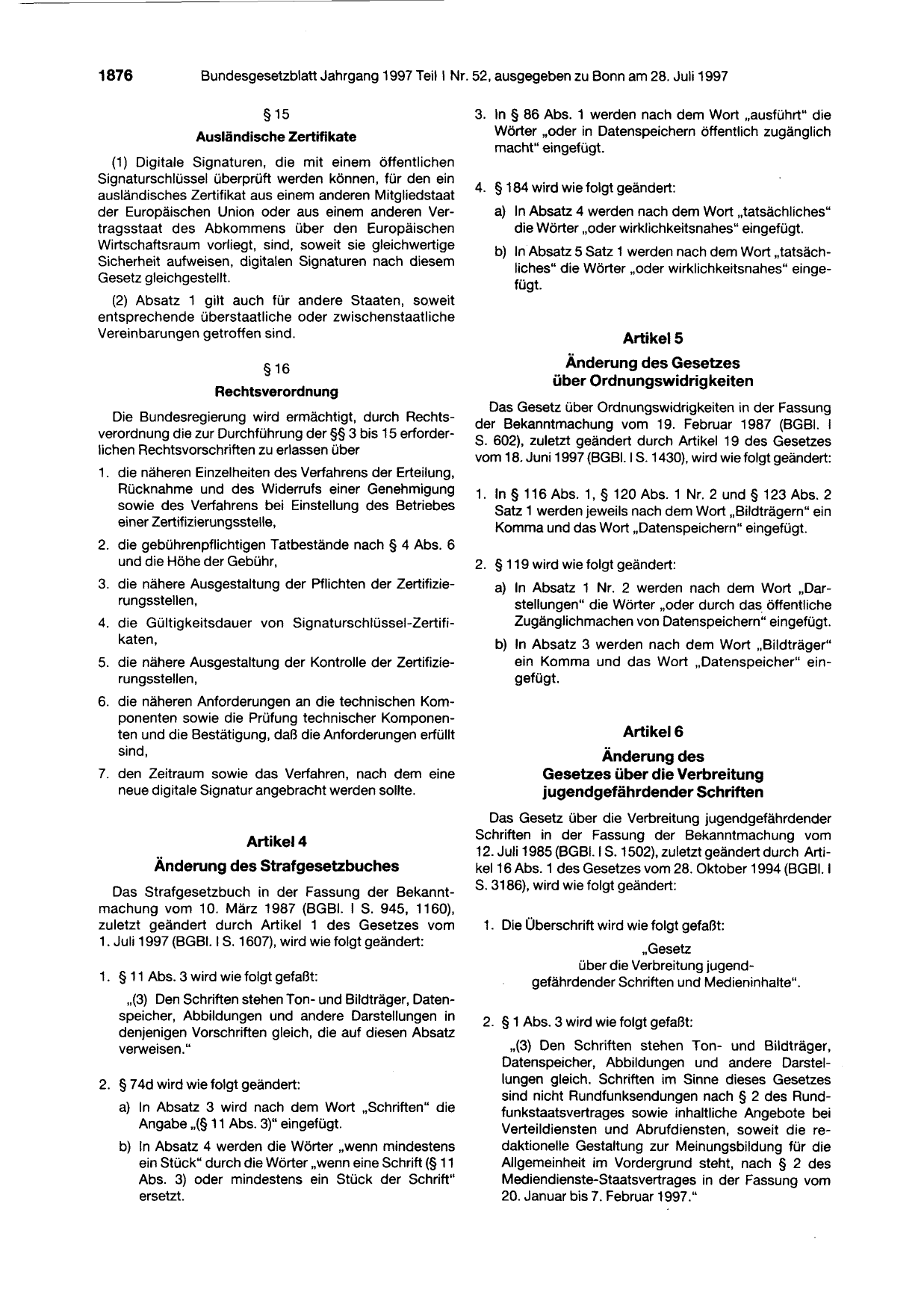 BGBl. 1997, Seite 1876 — Originalseite als Abbildung