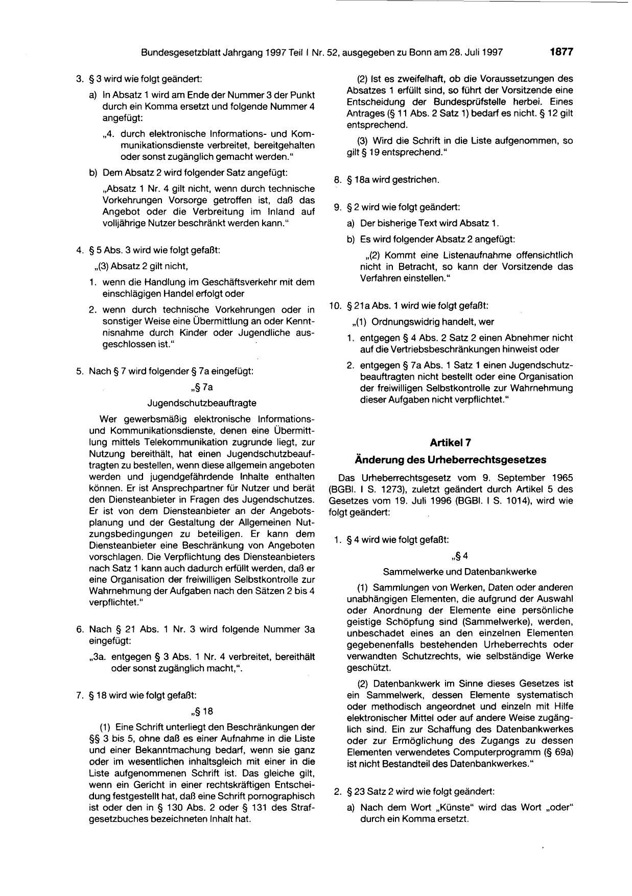 BGBl. 1997, Seite 1877 — Originalseite als Abbildung