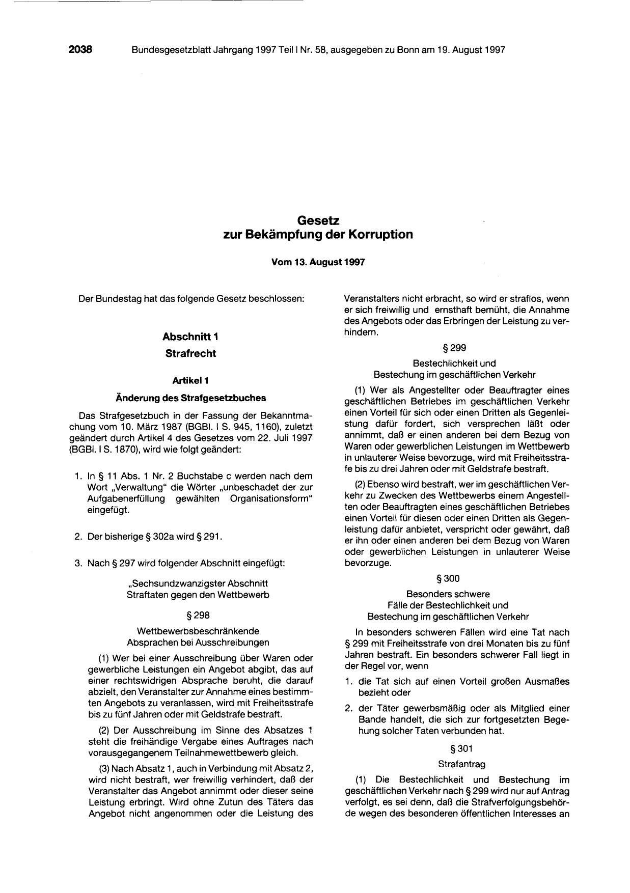 BGBl. 1997, Seite 2038 — Originalseite als Abbildung