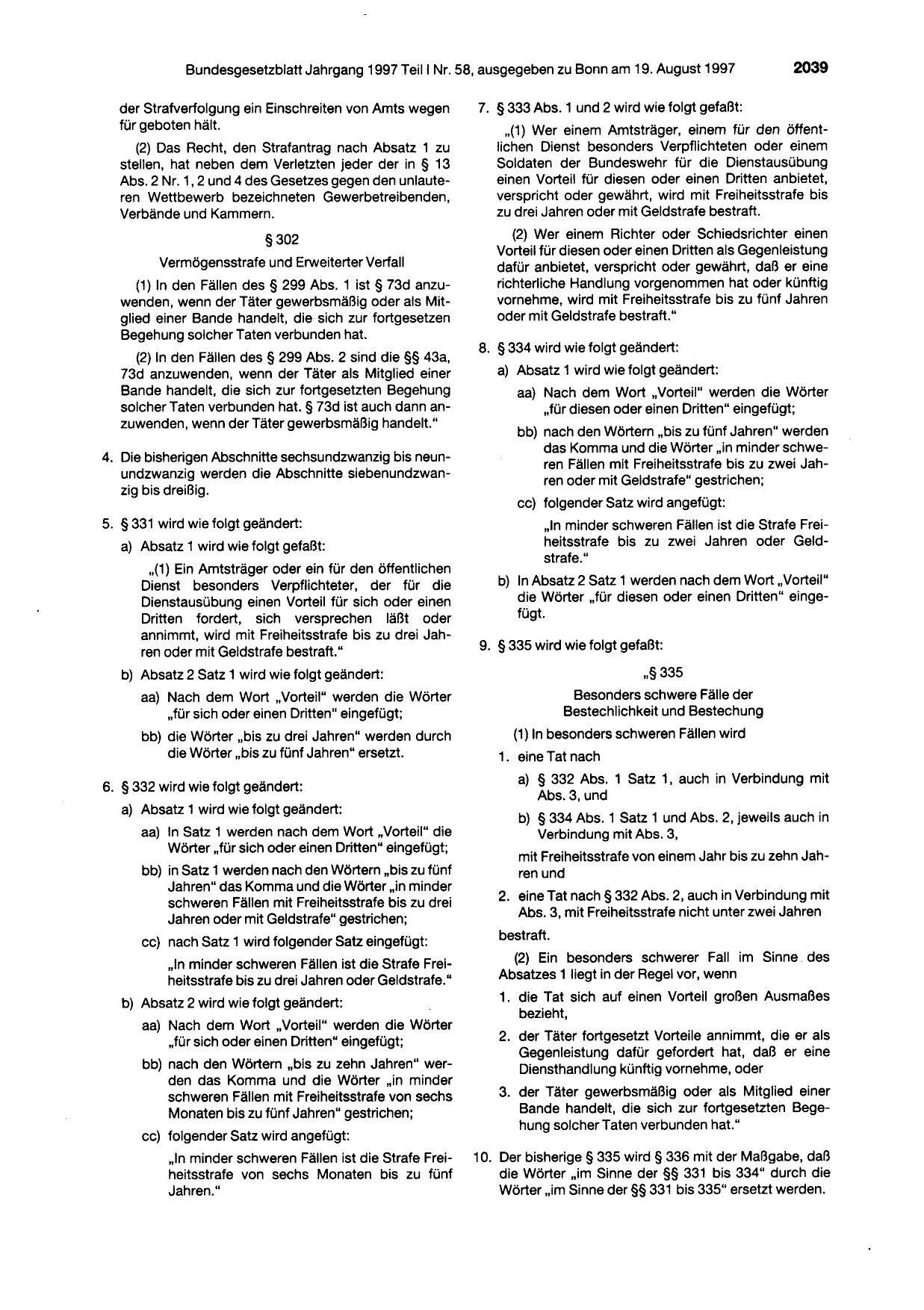 BGBl. 1997, Seite 2039 — Originalseite als Abbildung