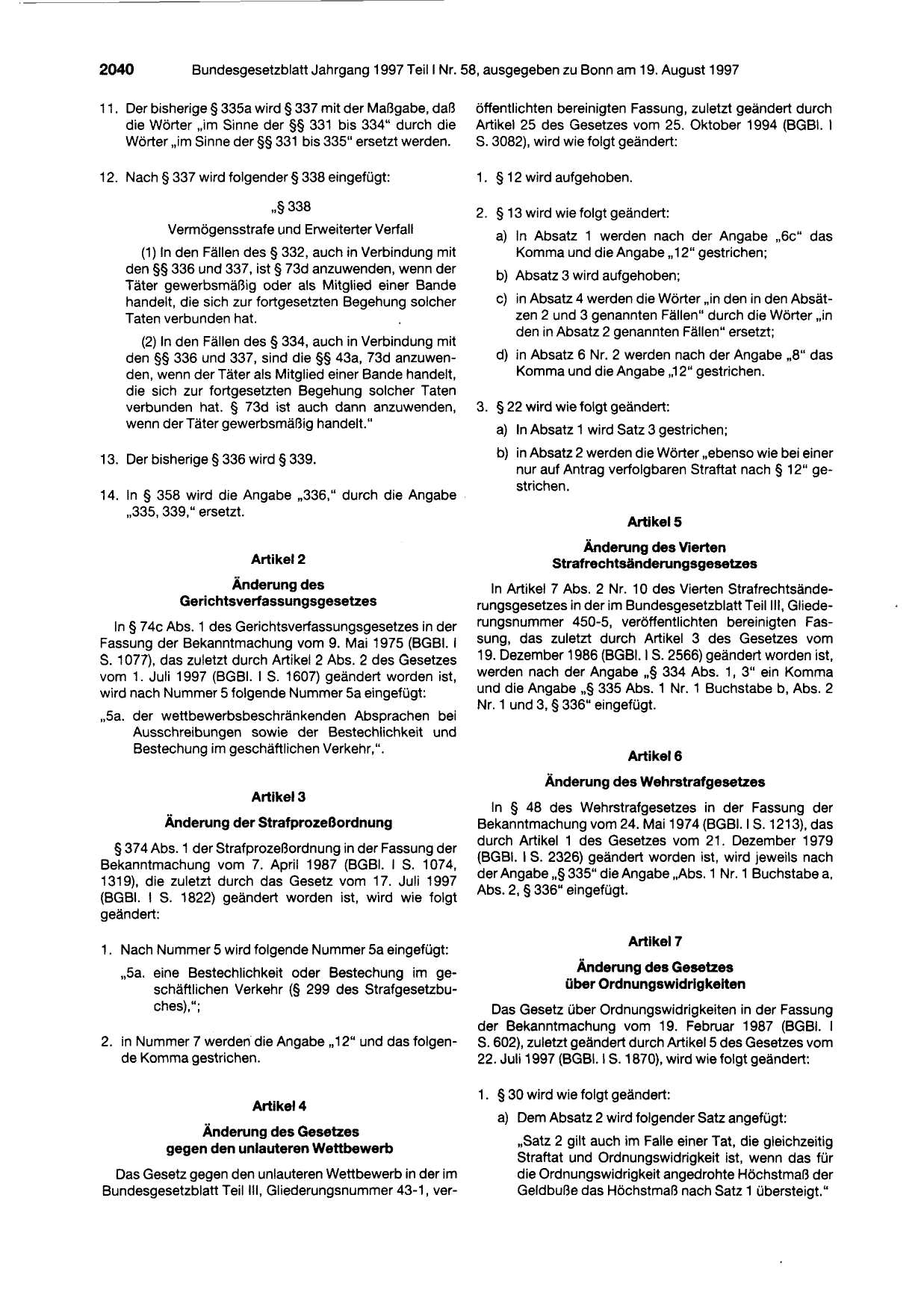 BGBl. 1997, Seite 2040 — Originalseite als Abbildung