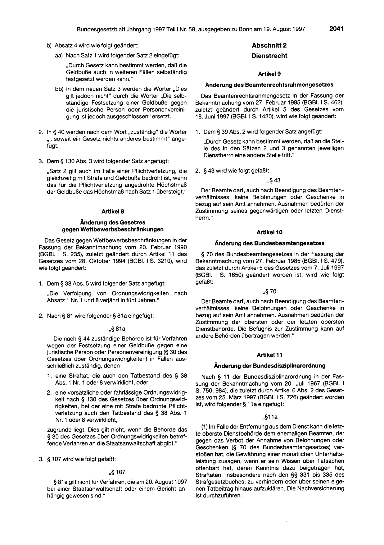 BGBl. 1997, Seite 2041 — Originalseite als Abbildung