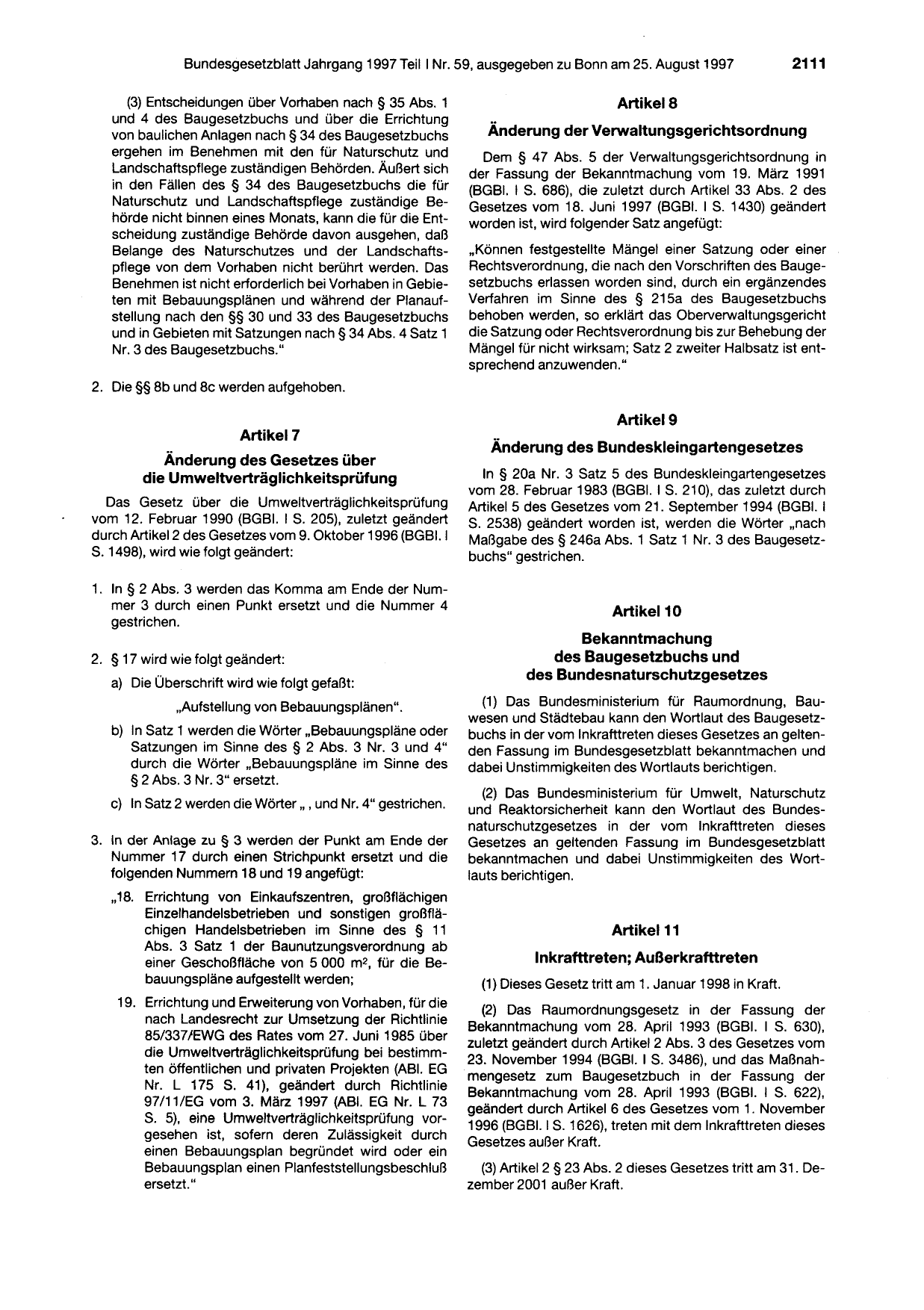 BGBl. 1997, Seite 2111 — Originalseite als Abbildung