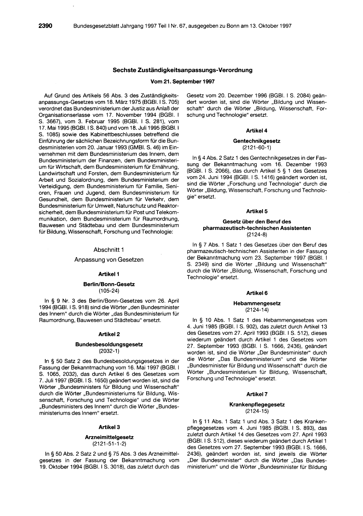 BGBl. 1997, Seite 2390 — Originalseite als Abbildung
