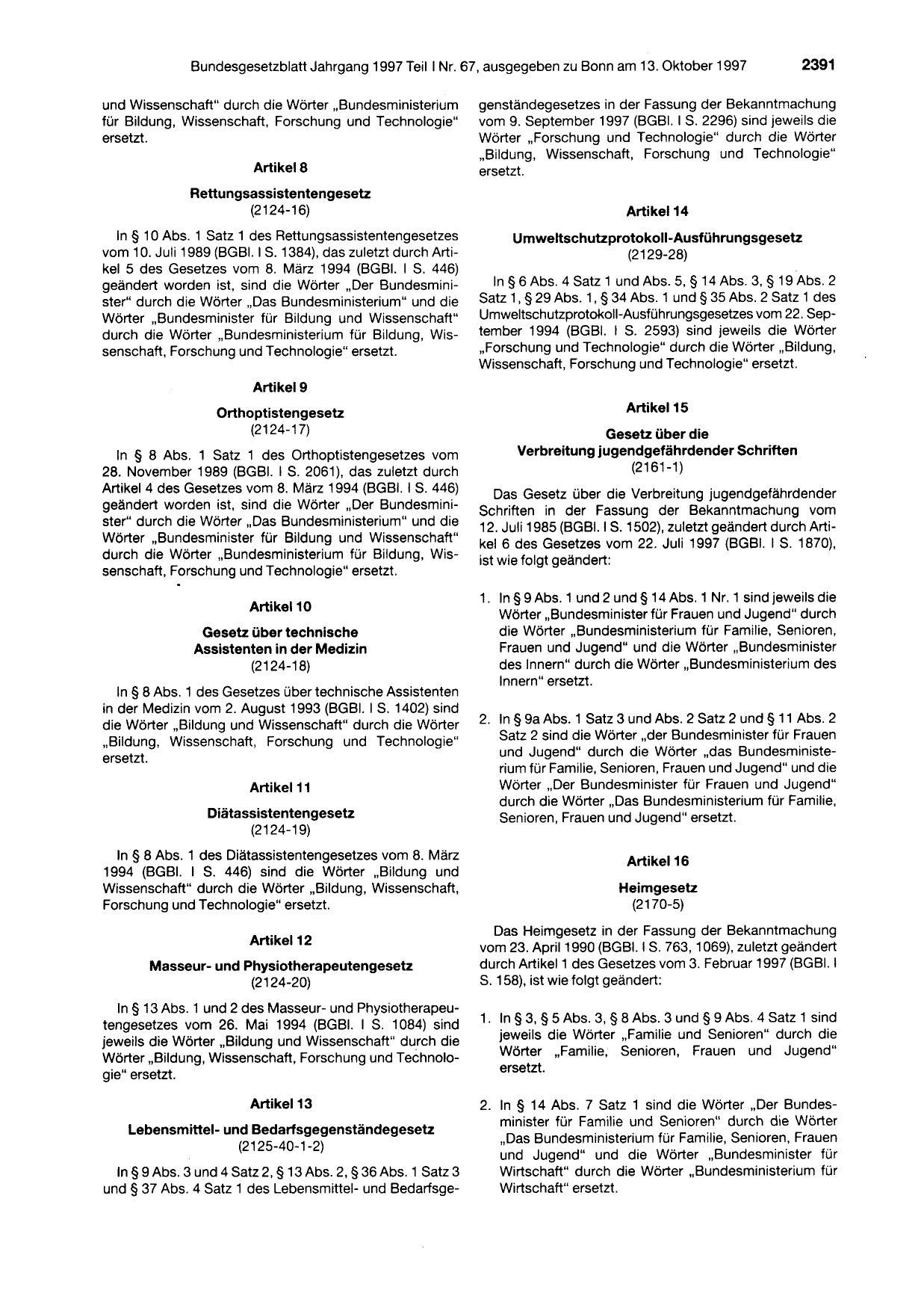 BGBl. 1997, Seite 2391 — Originalseite als Abbildung