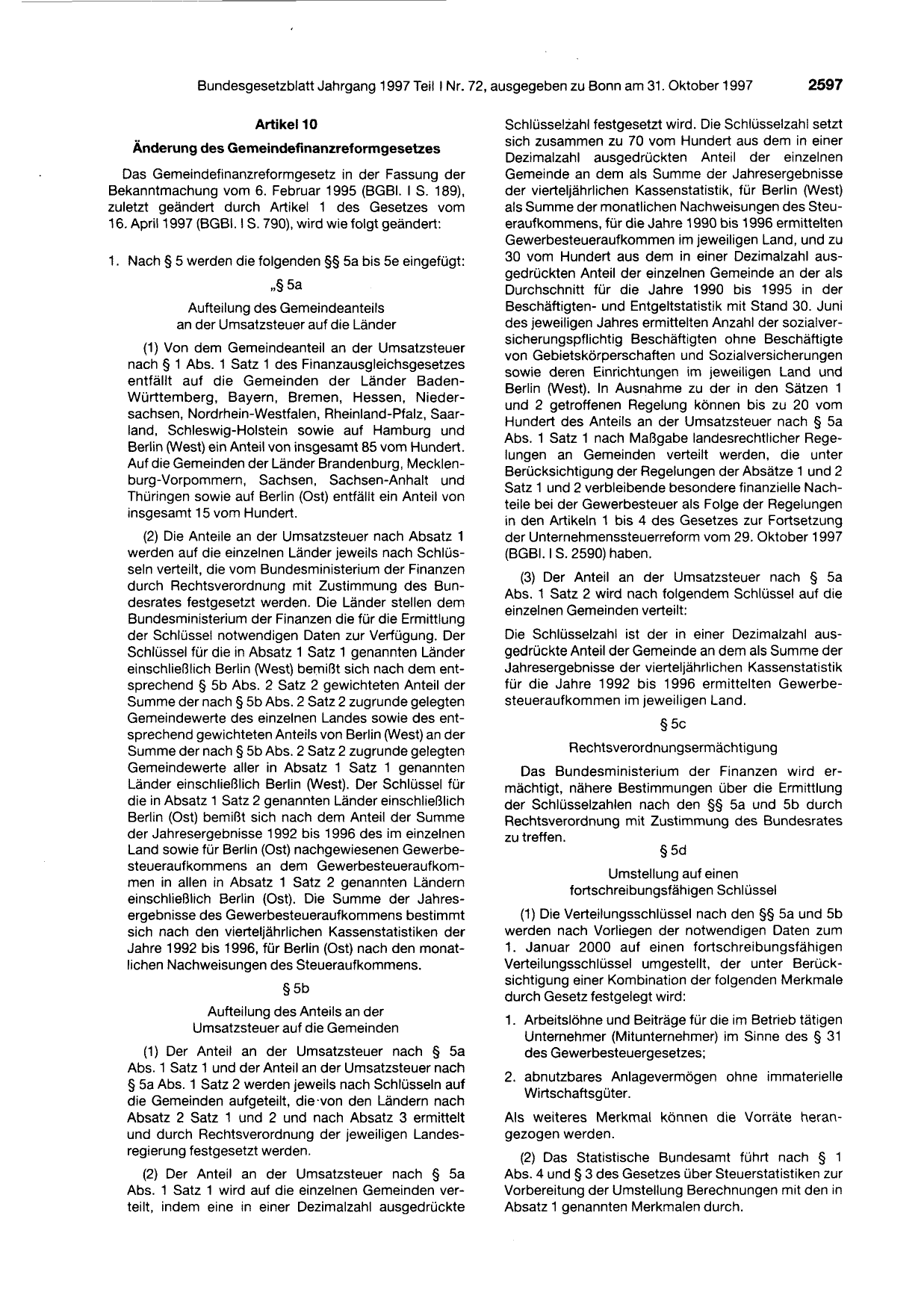 BGBl. 1997, Seite 2597 — Originalseite als Abbildung