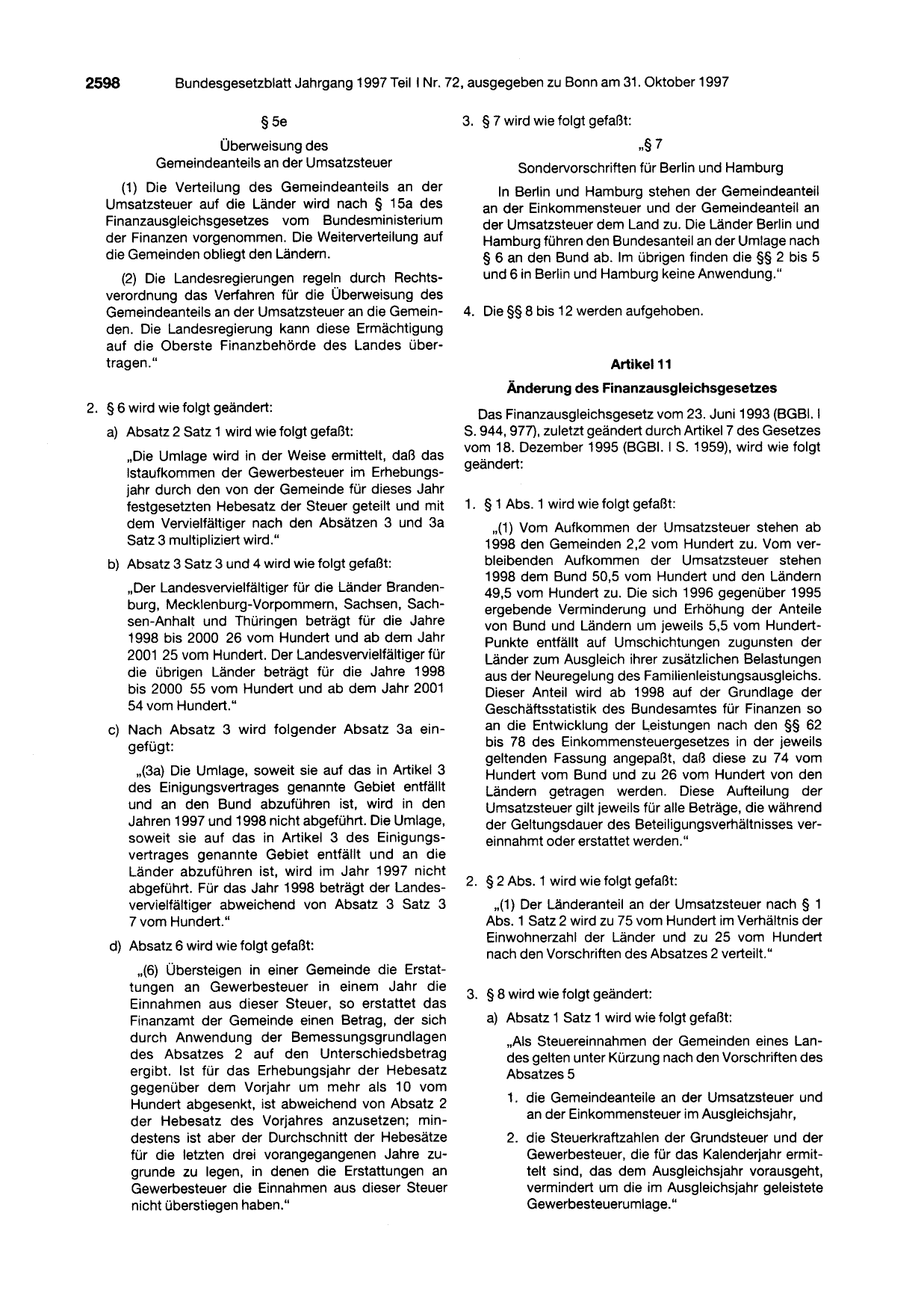 BGBl. 1997, Seite 2598 — Originalseite als Abbildung