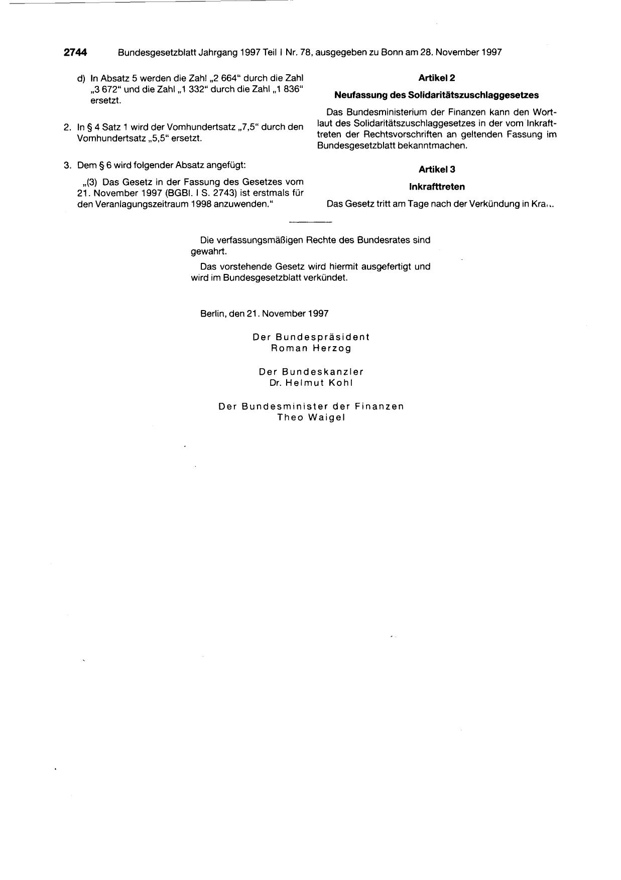BGBl. 1997, Seite 2744 — Originalseite als Abbildung