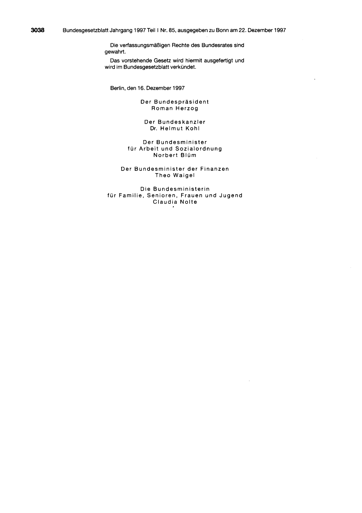 BGBl. 1997, Seite 3038 — Originalseite als Abbildung