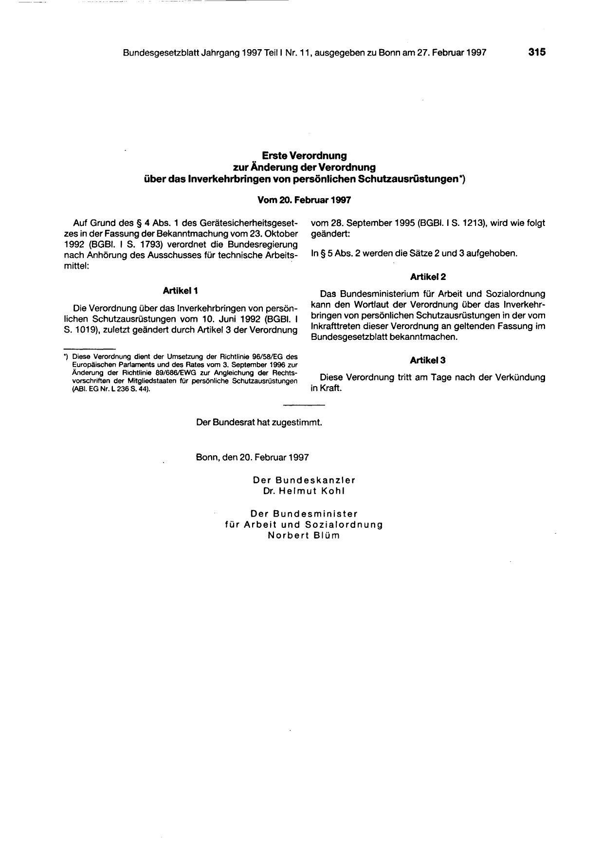 BGBl. 1997, Seite 315 — Originalseite als Abbildung