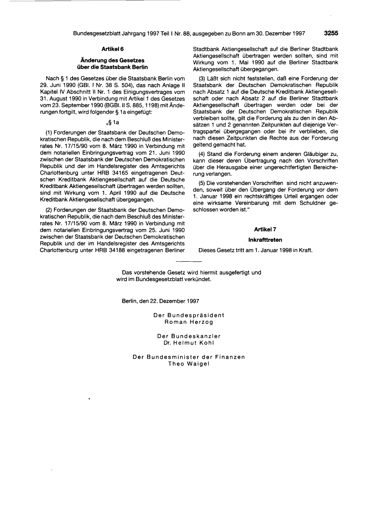 BGBl. 1997, Seite 3255 — Originalseite als Abbildung