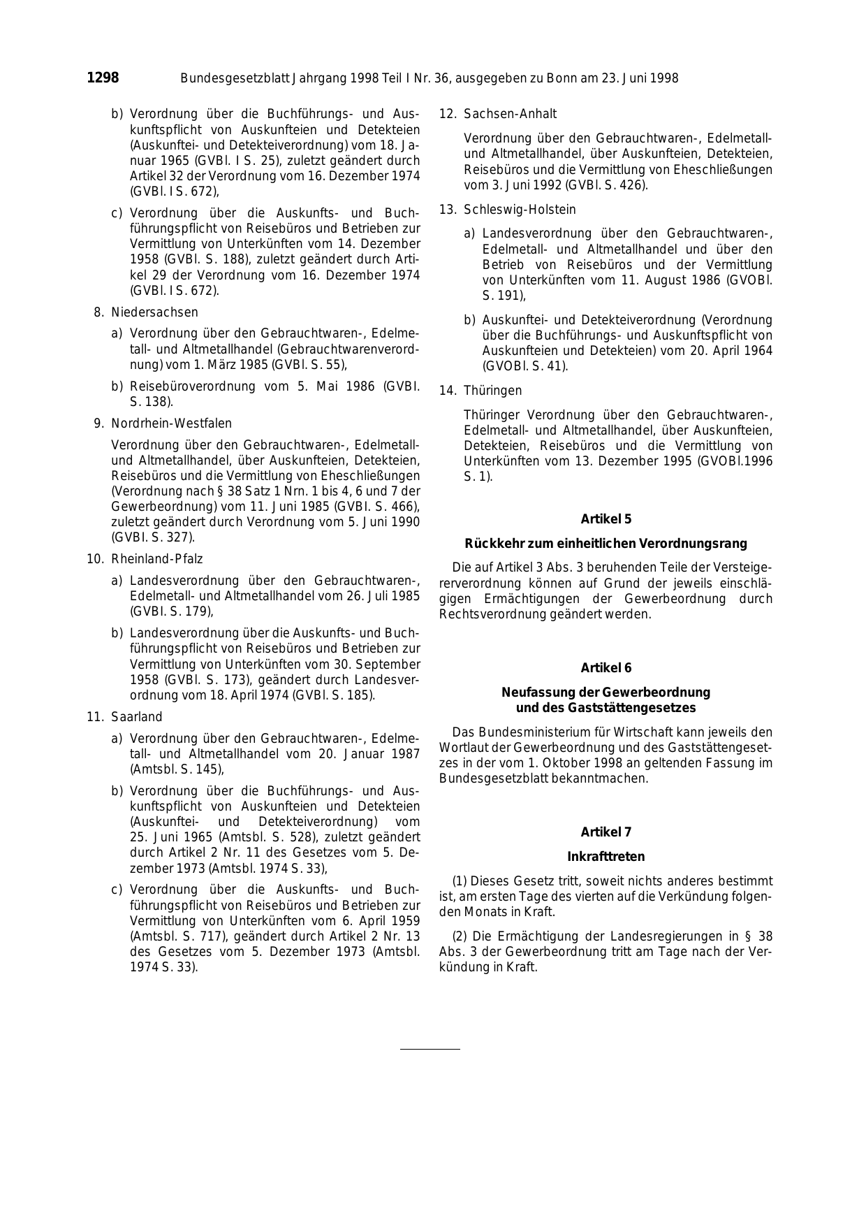 BGBl. 1998, Seite 1298 — Originalseite als Abbildung