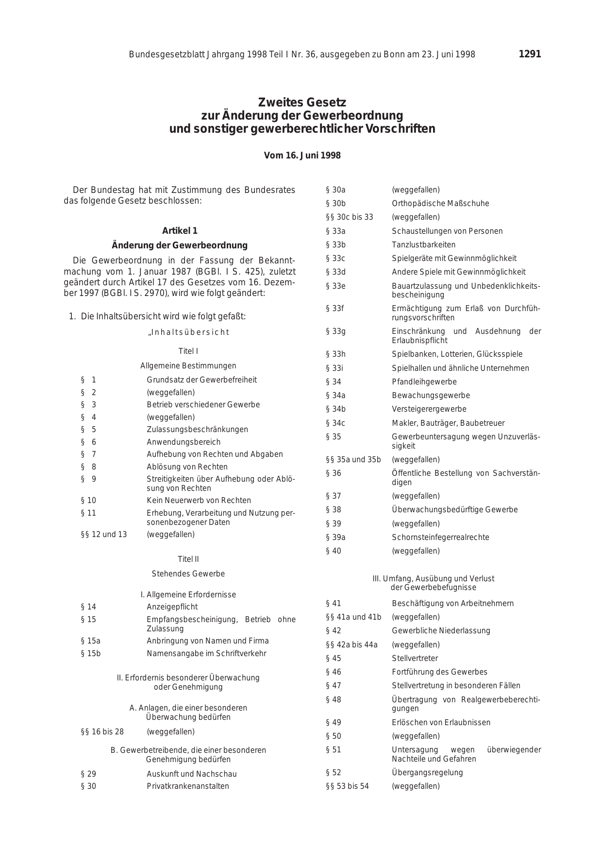 BGBl. 1998, Seite 1291 — Originalseite als Abbildung