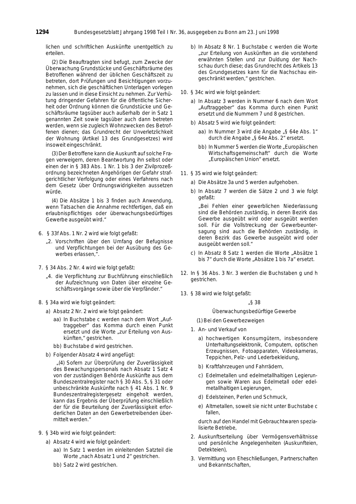 BGBl. 1998, Seite 1294 — Originalseite als Abbildung