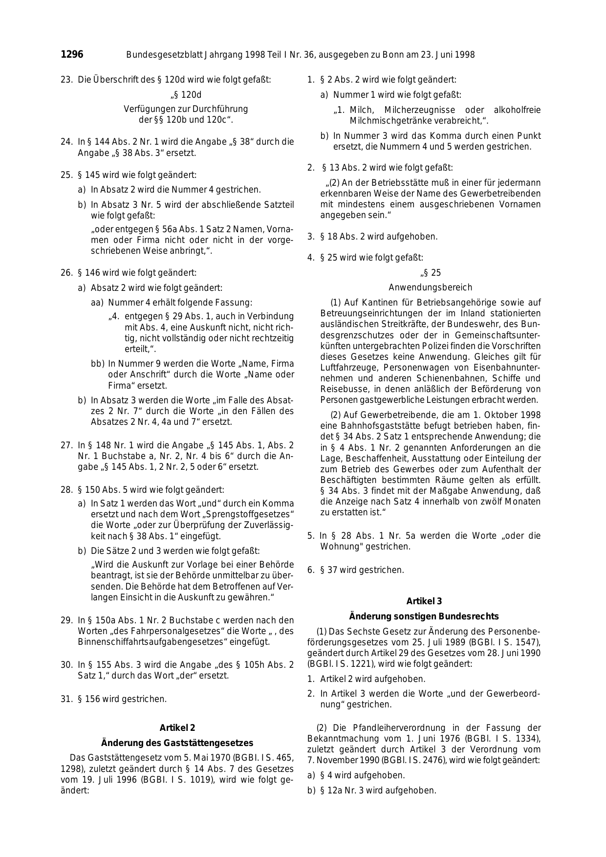 BGBl. 1998, Seite 1296 — Originalseite als Abbildung