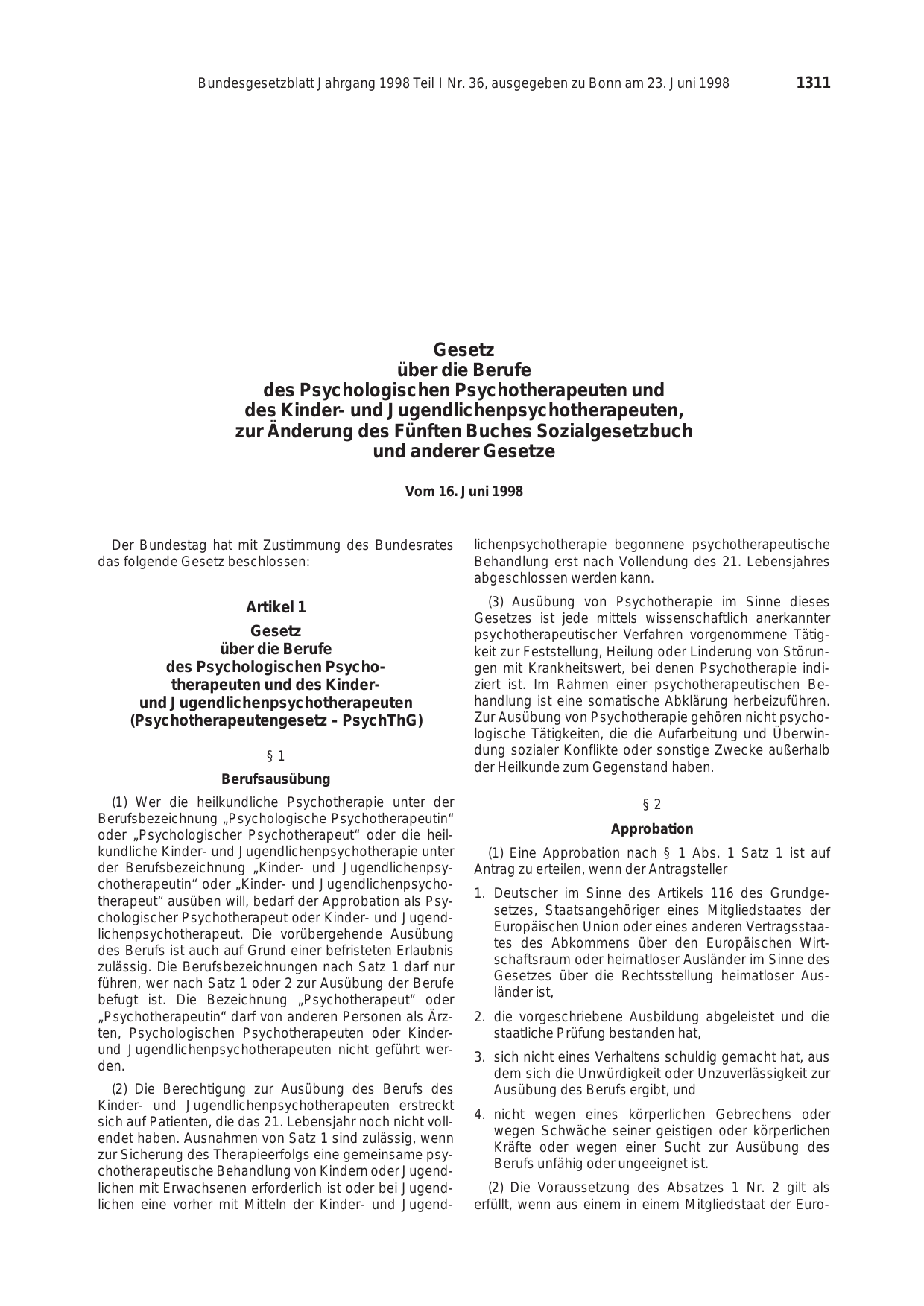 BGBl. 1998, Seite 1311 — Originalseite als Abbildung
