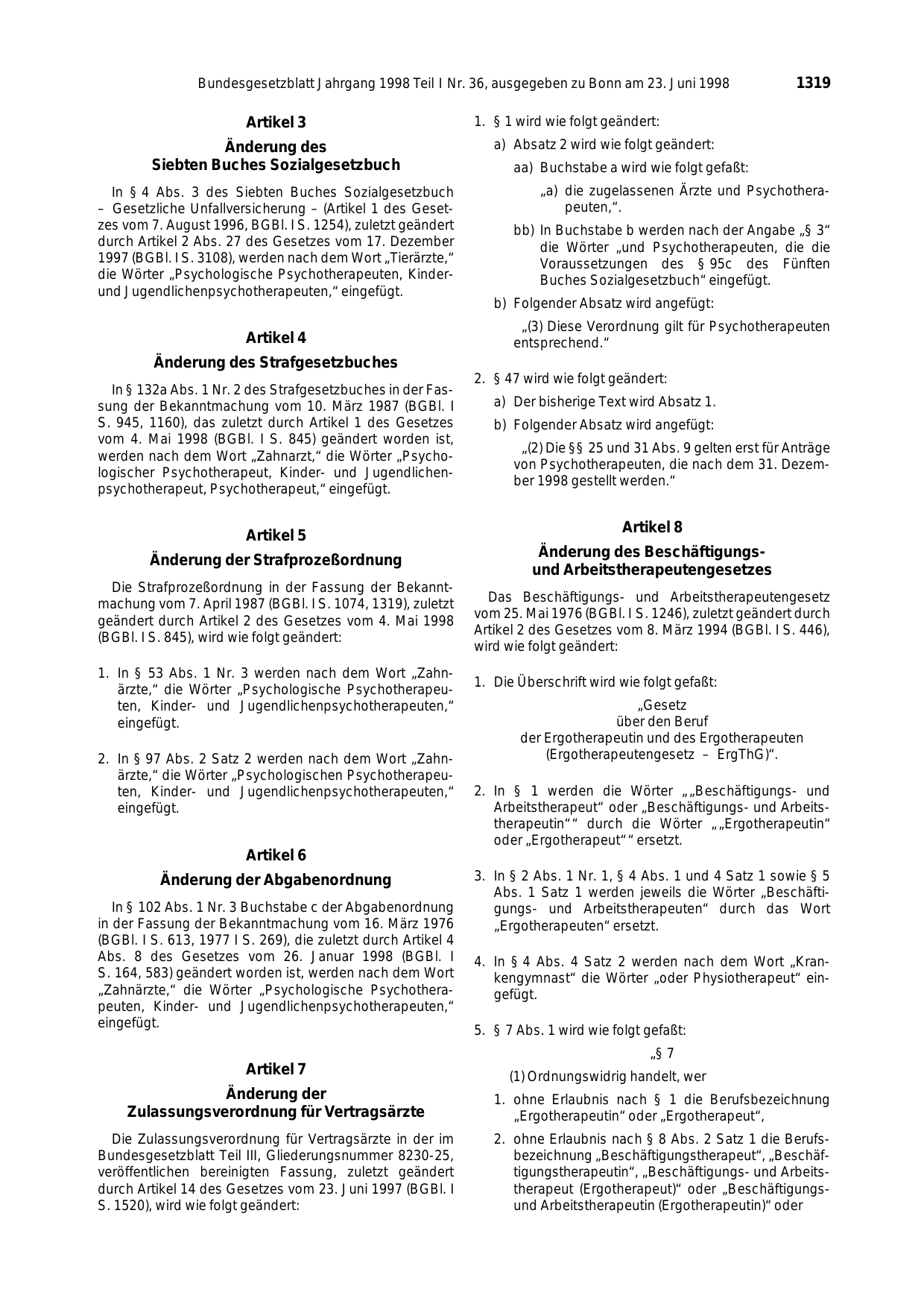BGBl. 1998, Seite 1319 — Originalseite als Abbildung