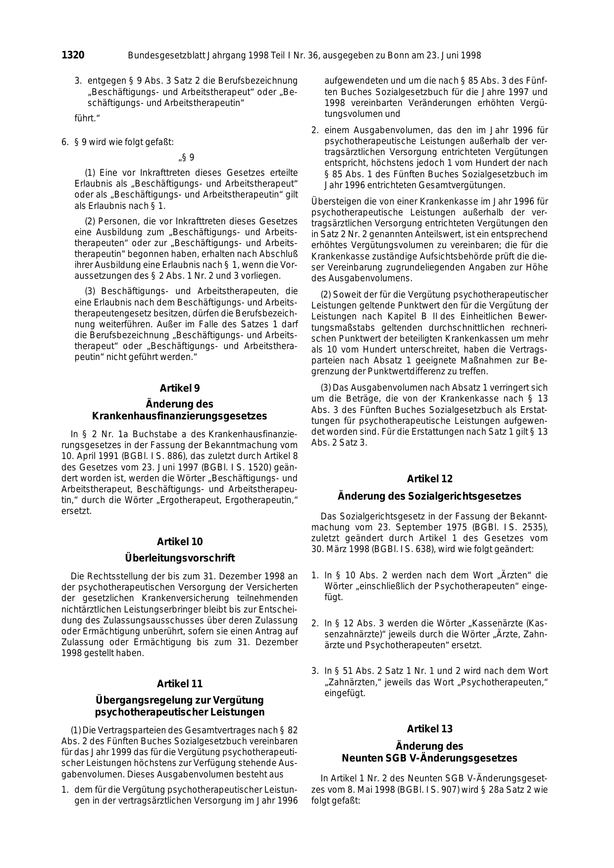 BGBl. 1998, Seite 1320 — Originalseite als Abbildung