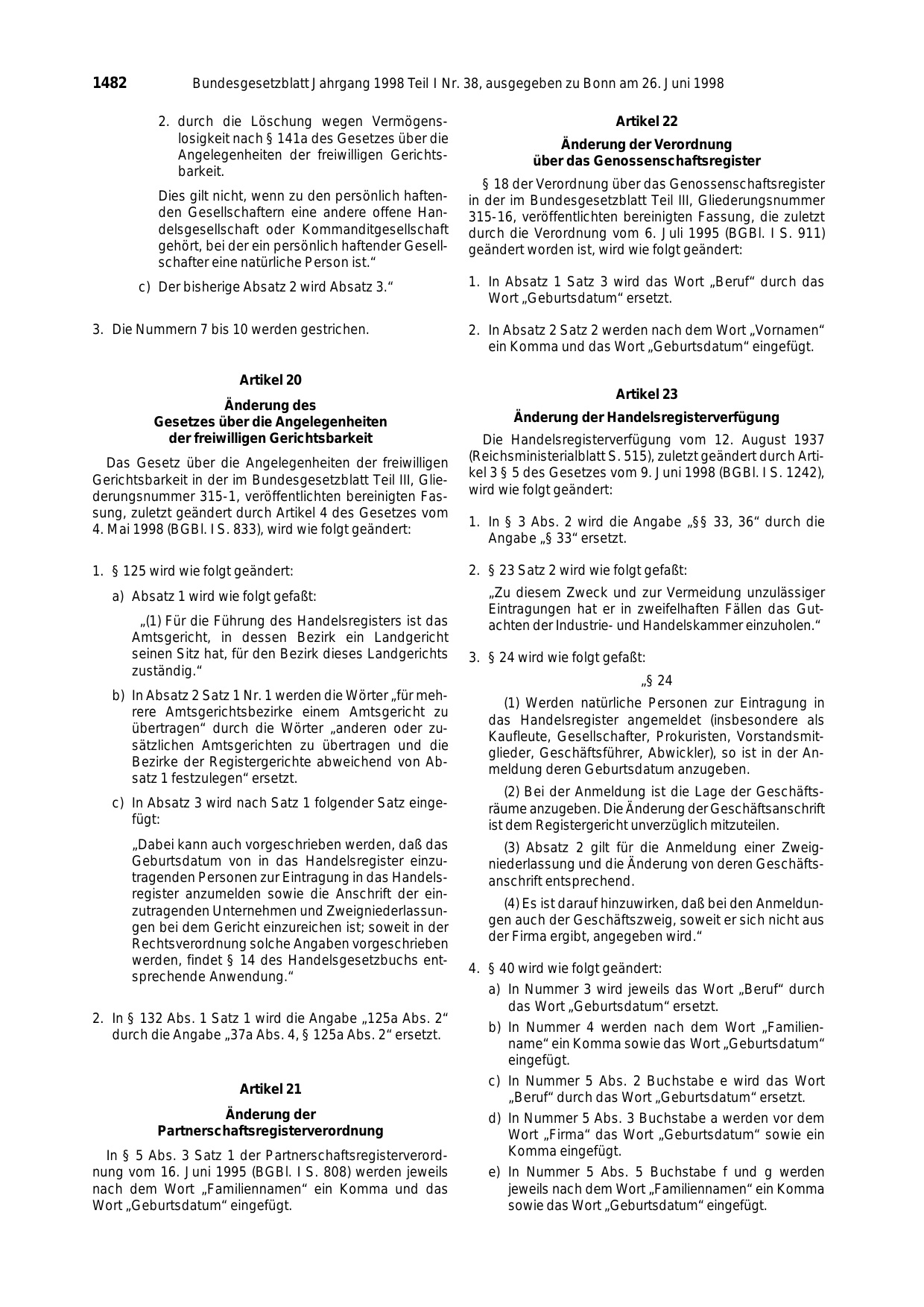 BGBl. 1998, Seite 1482 — Originalseite als Abbildung